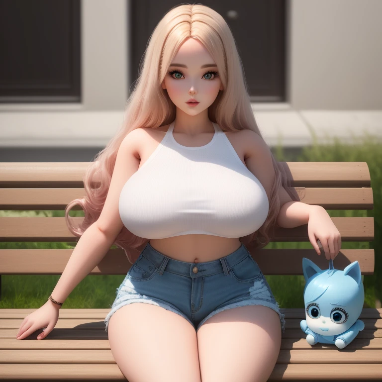 A woman sitting on a bench, , living doll, eyes are staring into nothing, perfect body, beuatiful, european, wearing shorts, and crop top, has had surgery to look like a living doll, the woman is made of plastic