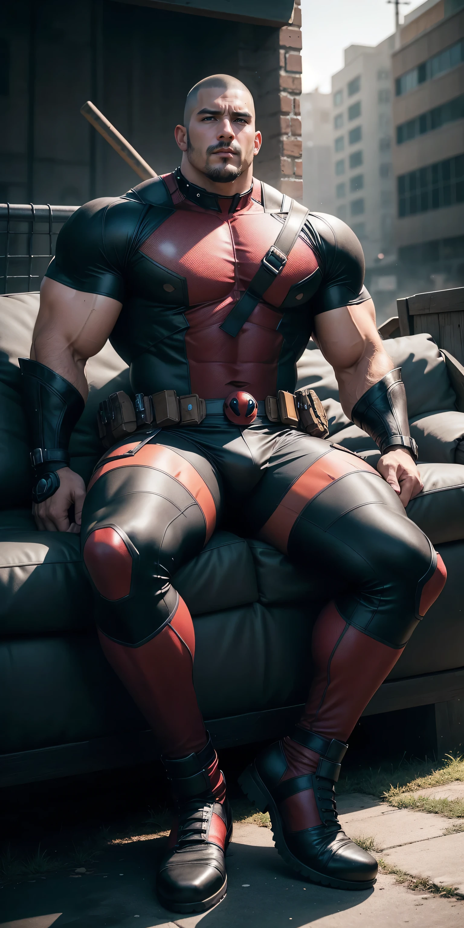 a image of Deadpool, wild muscular Deadpool, handling his cock, (47 years old daddy:1.1), skinny hunk, hot, big shoulders, musculature, deadpool uniform, soaked of milk Deadpool , sweaty hairy chest showing , steamy environment, orgasm body expression Deadpool, laying on a bed, looking his cock, relaxed, hard cock droping milk, view from down, Cinematic lighting, too much milk and cum in chest and belly, RAW realistc photo, Intricate details, hdr, (Best quality, A high resolution, Photorealistic),