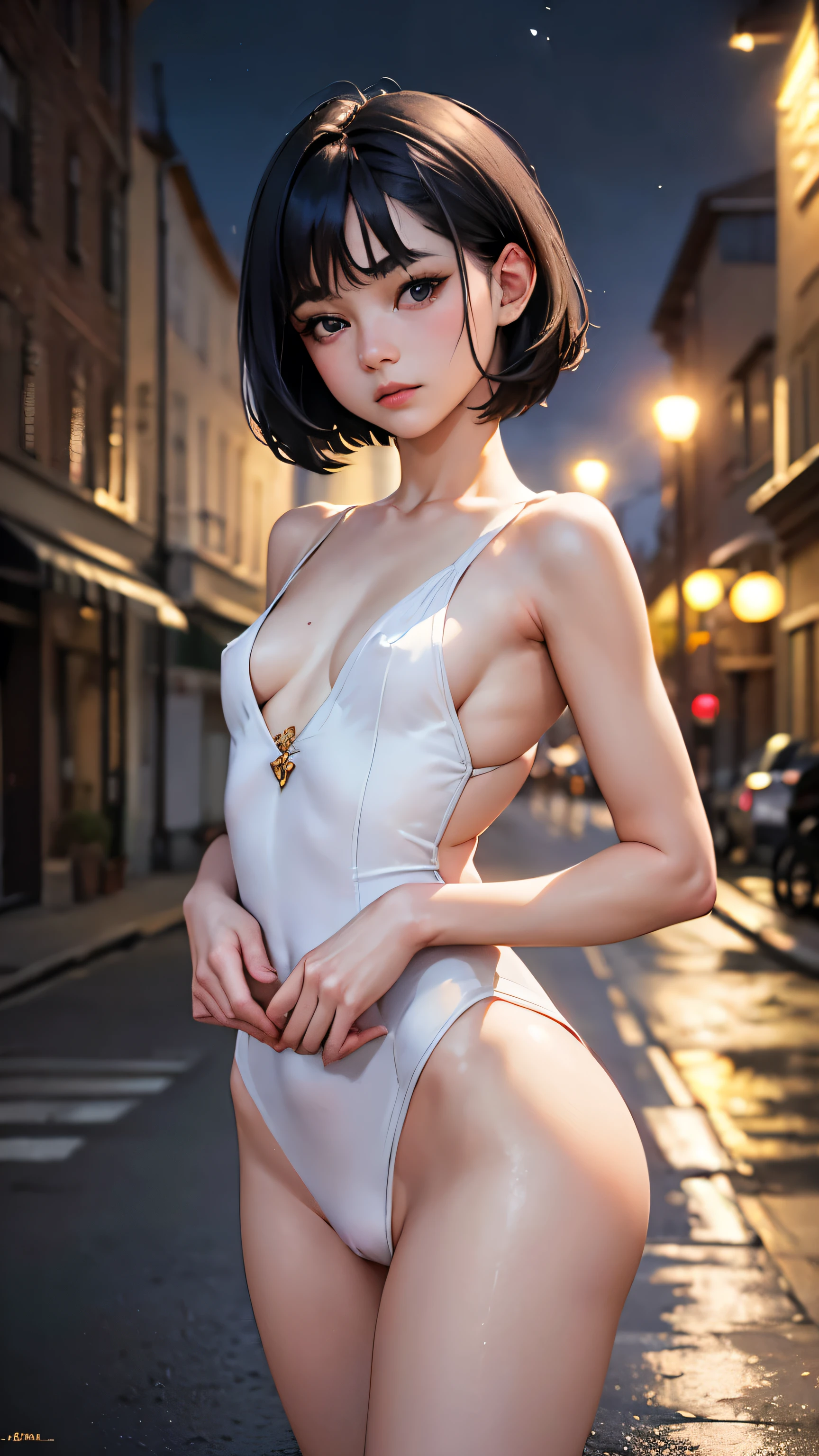 (,Street lamp,moon),masterpiece, One woman, Solo Exhibitions, Beautiful woman with small breasts,Beautiful Goddess Portrait, Beautiful and elaborate face, Porcelain-like skin, (((Full Shot,center, night, Black Hair, short hair)), Very soft lighting, Full Shot,Symmetric, complicated, grace, Attention to detail, realism, art, concept art,White clothes