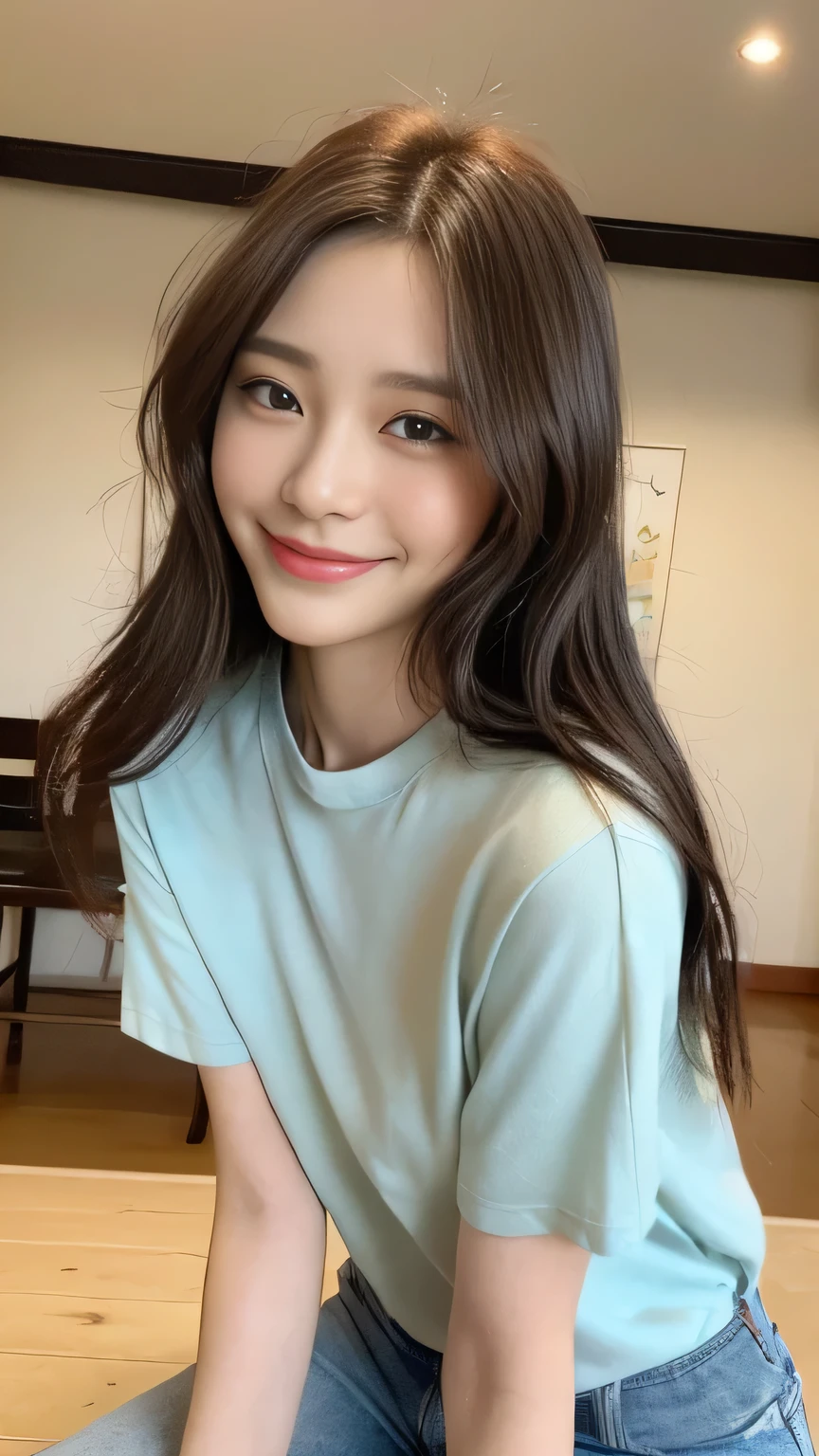 Full body angle、((highest quality, 8K, masterpiece:1.3)), concentrated:1.2, Perfect body beauty:1.4, Hips:1.2, ((Delicate Hair)), (Colorful cross neck slim fit t-shirt for women、 :1.1) , ((highest quality、8K、masterpiece:1.3))、1 Girl、A sloppy smile、Esbian all over、Slim face、Big 、Beautiful woman、(Dark Brown Hair)、Long Hair、1.1、Flickering Valley、Detailed eyes、double eyelid、Blurred Background、超Slim face、Smile、Looking down、