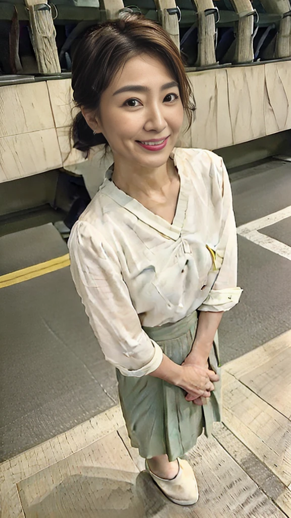 ((highest quality)), ((8K)), ((masterpiece: 1.3)), (Perfect appearance), (Photorealism: 1.6), (Japanese mature women passing by in the crowd), (Turning towards me with just her face), (Shibuya scramble crossing at night: 1.4), (In the middle of the scramble intersection: 1.2), (Detailed background), (60 years old, Japanese Mature), (Beautiful Japanese mature woman: 1.2), ((Realistic skin texture)), (Fine lines all over the skin), (Dull skin), (Moisture wrinkles on the face), (Wrinkles around the eyes), double eyelid, Tear bags under the eyelids, Looking back and smiling gently, (Short bangs: 1.2), Straight long hair, (Hair tied back: 1.2), hair with natural movement, (Colorful blouse and plain long skirt: 1.4), High heels, (Full body portrait: 1.4), (Angle from the legs: 1.4),