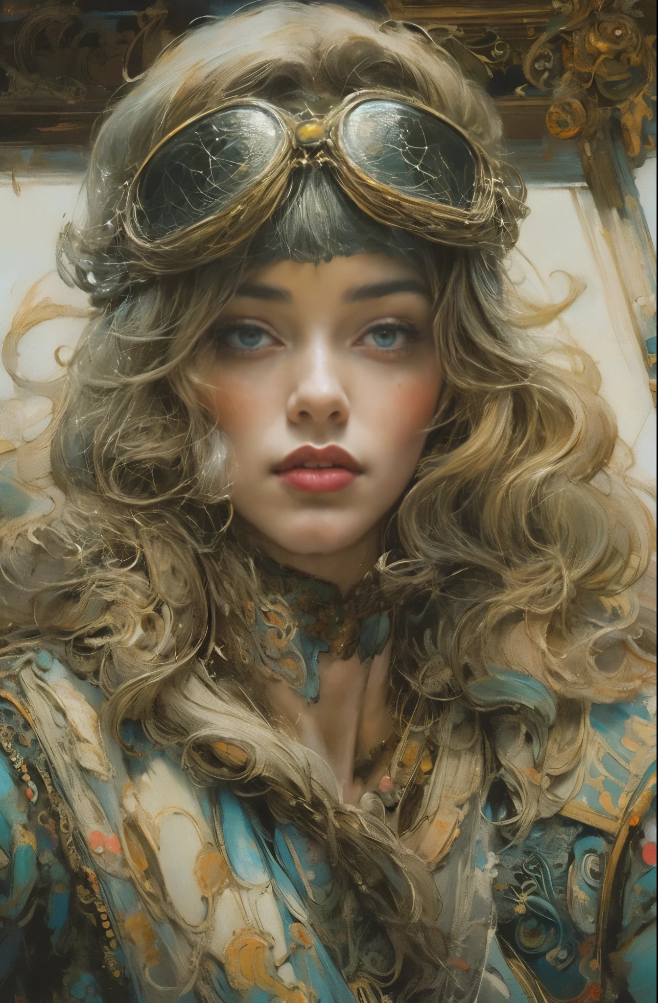 A beautiful portrait of a female pilot, 1930s Cessna, Dream of flying through the sky, forerunner, Marlene Dietrich, Icons of decadence, pretty much beautiful face, Ultra-detailed paintings inspired by WLOP, ArtStation Trends, Fantasy art, intricate WLOP, art of WLOP, WLOPart, WLOP |, the style of WLOP, Beautiful character drawings, WLOP painting style, WLOP | art germ, Unparalleled Beauty Tumbler, Figurative art, Intense watercolor, Watercolor detailed art, Watercolor splash, Surreal, Avant-garde pop art, Beautiful and expressive paintings, Beautiful artwork illustration, Very colorful tones, wonderful, Cool Beauty, masterpiece, highest quality, Official Art, women only, Sharp contours, Best Shot, Vector art, By Sandra Chevrier, Dave McKean、Richard Avedon、By Makiej Kusiala, Bright design