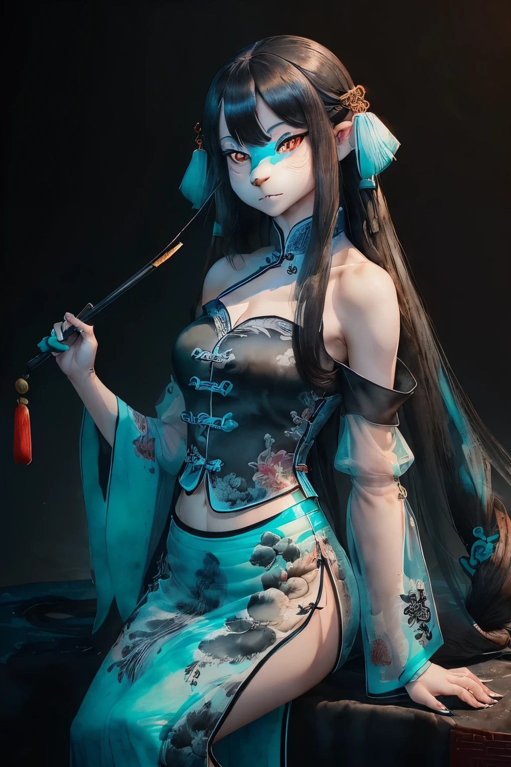 (((((((Chinese Ink Painting，watercolor painting，Chinese Clothing,Off-shoulder,very long sleeves,Black Hair,Transparent sleeves,cuff,Cyan vest)))))))，((1. Ms.,可愛的韓國混血沙烏地阿拉伯girl，瘦Face，Solitary,))(masterpiece,best quality, official art, Beautiful and aesthetic:1.2),((Ultra-high resolution,Golden Ratio,)) (16K),((Melon seed Face，from above，Large Breasts,Chinese Ink Painting的详细背景)),(Physically Based Rendering),Astonishing,Clear focus, (((High Detail Skin,))),Exquisite clothing,Eyebrow，Delicate pupils,danfeng eye,((((detailed头发,Long hair|Furry Cut|#1: Bold Long Side Bangs|Exquisite tailoring|Fluffy high bun|Undercut)))),slim,(masterpiece侧光),(luster),(beautiful hair,漂亮的Eye,）[[Delicate fingers and hands:0.55]::0.85],(Details refer to),(((upscale,)))),((Unbelievable and ridiculous,)),((extremely_detailed_Eye_and_Face)),girl,(Dynamic Configuration: 1.2),outstanding,smooth