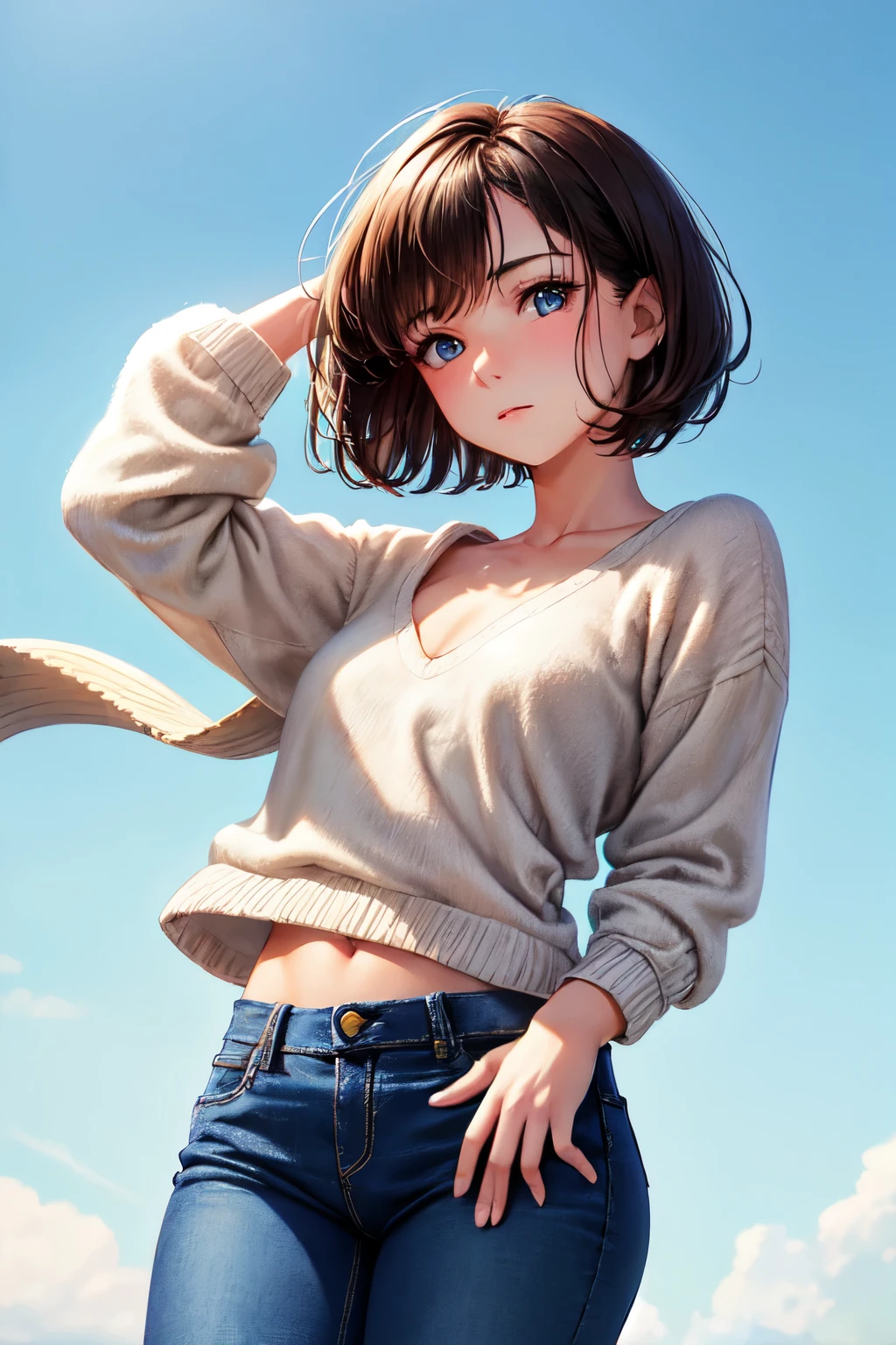 Super detailed photo of a 22 year old brunette girl with medium short loose hair, natural beauty, calm expression, strong body and medium chest, wearing woolen shoes and jeans, against a solid sky blue background.