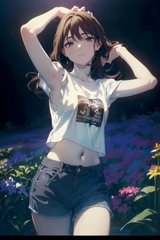 ((((Obra maestra, La mejor calidad, ultrahigh resolution)))), 1girl, standing, (baggy white t-shirt, loose fitting blue shorts, long back hair, long dark black hair, pale skin, ((shining brown eyes)), ((ultra detailed eyes:0.7, beautiful and detailed face, detailed eyes:0.9)), ((centered)), smile, (wide shot), facing viewer, (((vibrant background of outside, LSD flowers, bright lighting, darkneslat chested, ((looking at viewer)), ((half closed eyes)), ((perfect hands)), ((head:1, hips, elbows, arms, in view)), empty eyes, beautiful lighting, defined subject, 25 years old, ((a very cool image)),