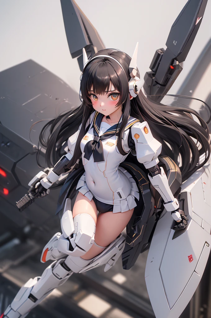 (highest quality)), ((masterpiece)), (very detailed: 1.3), 3D, {(1 young girl)}, (wear white  with sailor suit and black tie under armor:1.3), (black hair:1.5), (She is fused with futuristic Gundam mecha:1.3), with headgear, with v-fin , armored shoulders,armored under arms, armored under legs, short sleeve, attached 2 huge weapons on back, legs mounted weapon module, camel toe,  multilayer textureperfect proportions, octane rendering, duotone lighting, Low ISO, wide aperture, White balance, Rule of thirds, ultra HD16k, HDR (High Dynamic Range), Ray Tracing, NVIDIA RTX, Super Resolution, Subsurface Scattering, PBR Texturing, Post Processing, Anisotropic Filtering, Depth of Field, Maximum Clarity and Clarity, High efficiency subpixel, subpixel convolution, particles of light, light scattered, Tyndall effect, full body:1.5, battle pose,(face-off sex position:1,2), , cute, (cute:1.2), (long hair:1.3), (Average face of Japanese idols),  (), Wide forehead:1.2, Plump Cheeks, Small jaw, in the hangar,looking at viewer,Focus on the eyes , (Four perfect fingers, One thumb),