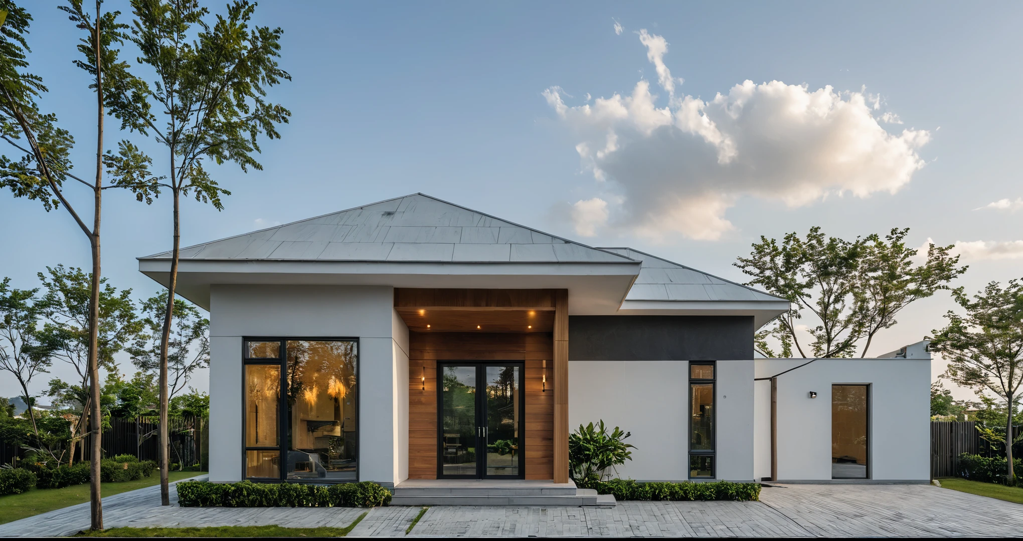 Masterpiece, high quality, best quality, authentic, super detail, outdoors, onestoreyvillaXL, aiaigroup, house style modern on the street ,stairs, white wall ,road,pavement, grass, trees, sky, cloud, (daylight:1.1)