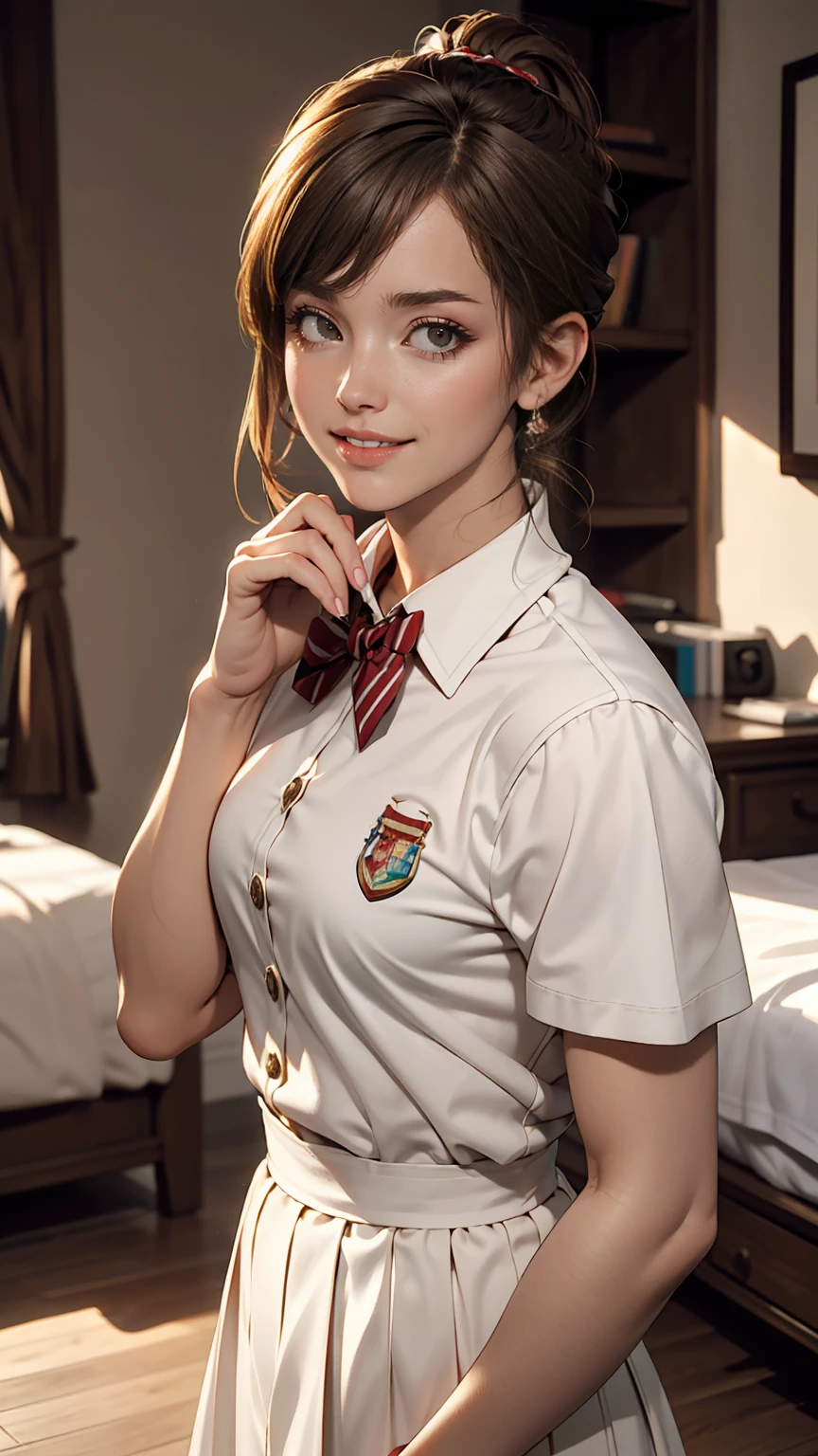 Iris, woman1名, (woman)), alone, Genuine, highest quality, photoGenuineistic, masterpiece, 8k, High Definition, alone, High Definitionの顔, Soft lighting, Bedroom, ((Daytime)), null, (looking at the camera), (Portraiture: 0.6), whole body, (Medium Hair), ponytail, Brown Hair, Floating Hair, lips, lipstick, seductive smile, Floating Hair, smile, Open your mouth, teeth, eyelash, Nogizaka46, Moeka Tada, Akari Suda, Idol, beautiful girl, ((uniform)), (((Are standing))