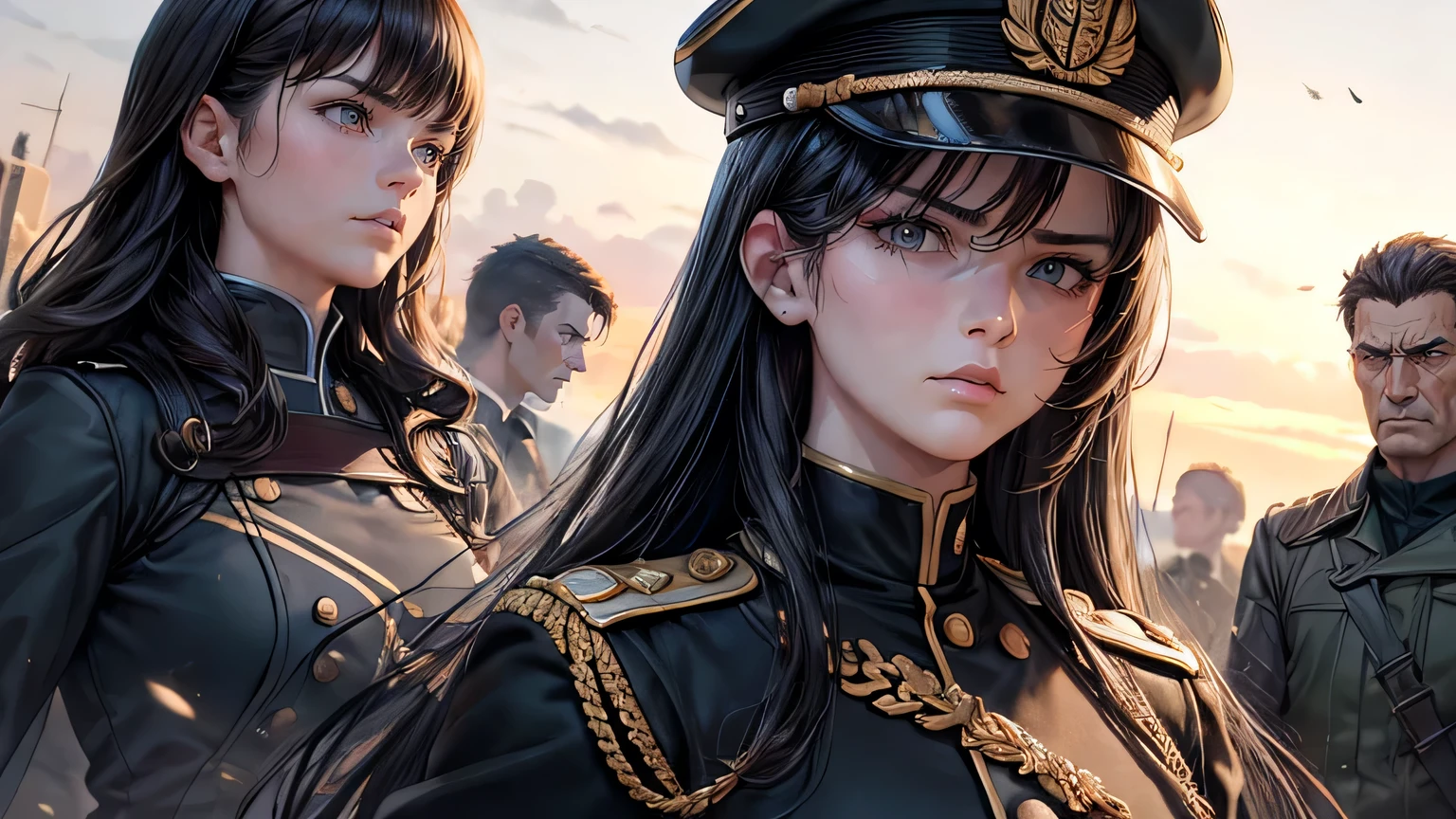 Highest resolution, semi-realistic, realistic detail, woman, petite, black hair, short bob haircut, bangs, black eyes, wearing official clothes, uniform, outerwear, white coat, dress. red inside,serious expression,serious,air force,war,government,war,science fiction,space