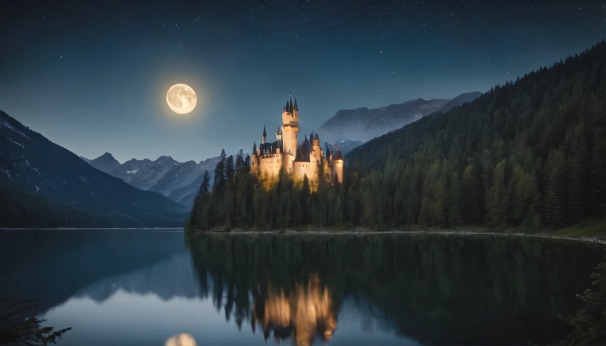 Big castle in the mountains, high towers, forest of nine conifers, lake in front of the castle, dark starry night, the moon