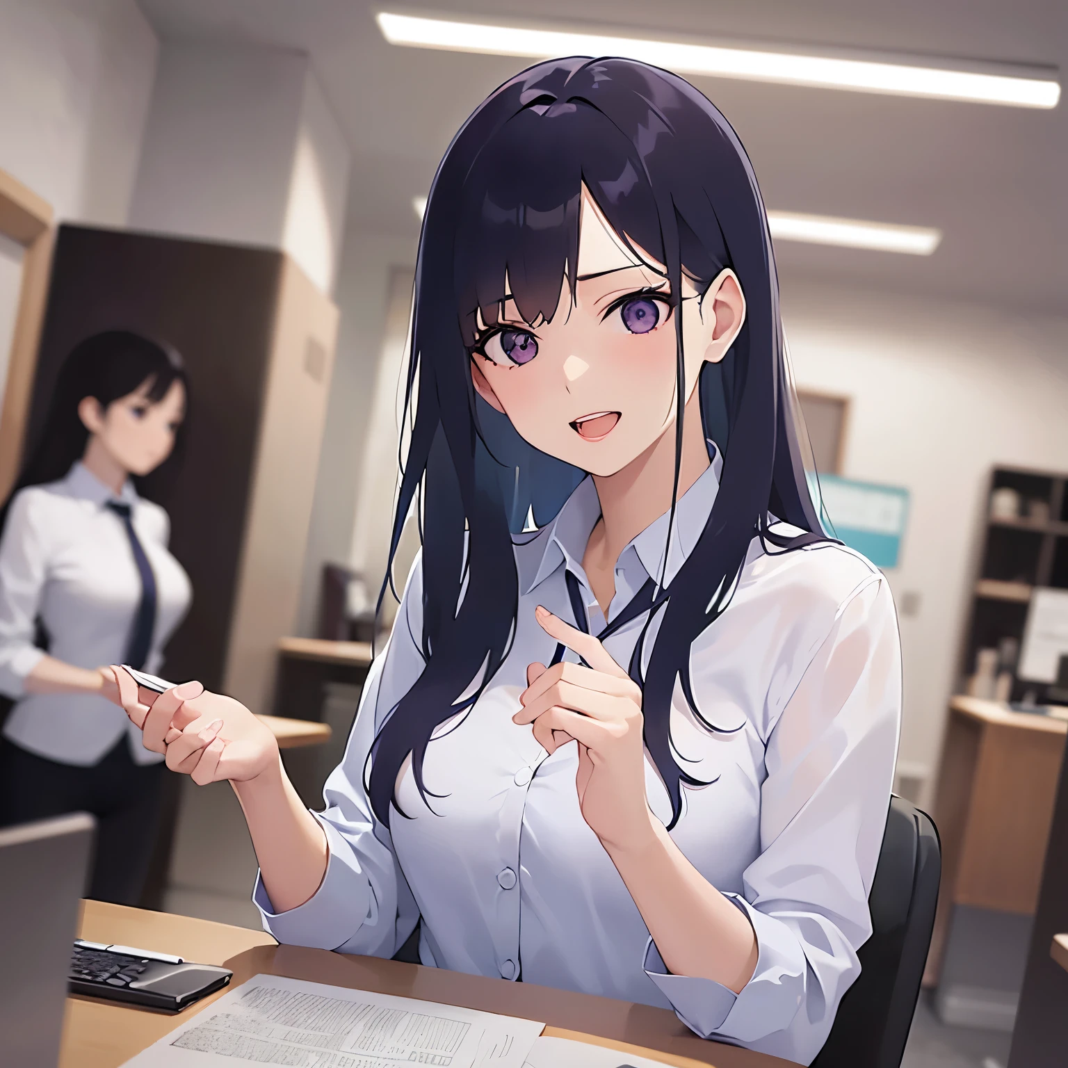 cinematic angle, raising hand, Biologically correct five fingers、Upper Body, Realistic, real person, (pale skin: 1.2), RAW photo, photorealistic, shiny skin, shiny hair、(Bangs)25 year old woman with straight hair) and (medium hair) and (black hair) and (purple eyes) , (business suit:1.5) and (White collared shirt), smile, open mouth, Background is an office room、alone、Are standing、