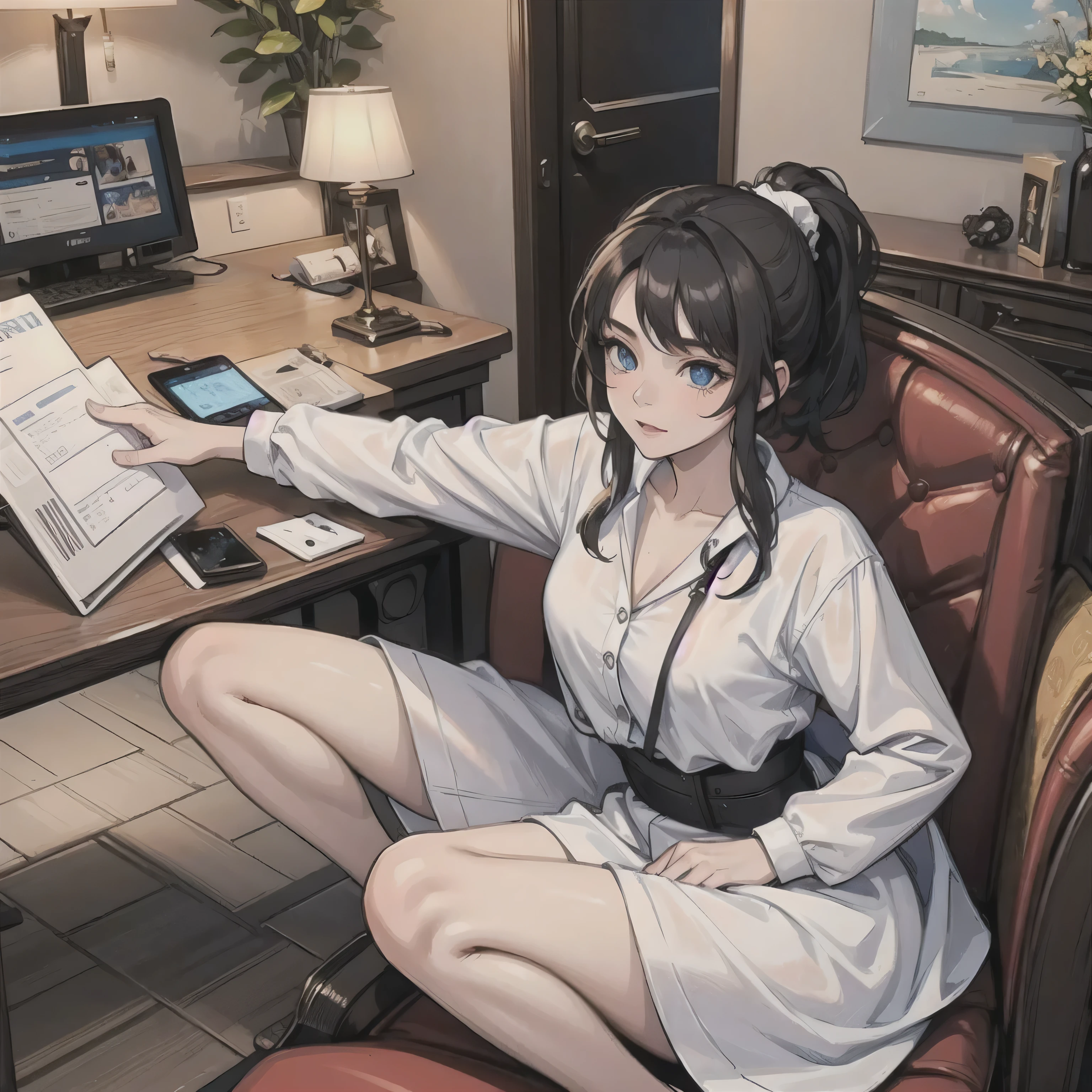 A girl with a black ponytail,wearing white clothes,Blue eyes,home,Look at the phone