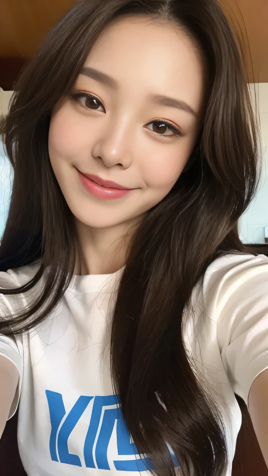 Full body angle、((highest quality, 8K, masterpiece:1.3)), concentrated:1.2, Perfect body beauty:1.4, Hips:1.2, ((Delicate Hair)), (Colorful cross neck slim fit t-shirt for women、 :1.1) , ((highest quality、8K、masterpiece:1.3))、1 Girl、A sloppy smile、Esbian all over、Slim face、Big 、Beautiful woman、(Dark Brown Hair)、Long Hair、1.1、Flickering Valley、Detailed eyes、double eyelid、Blurred Background、超Slim face、Smile、Looking down、