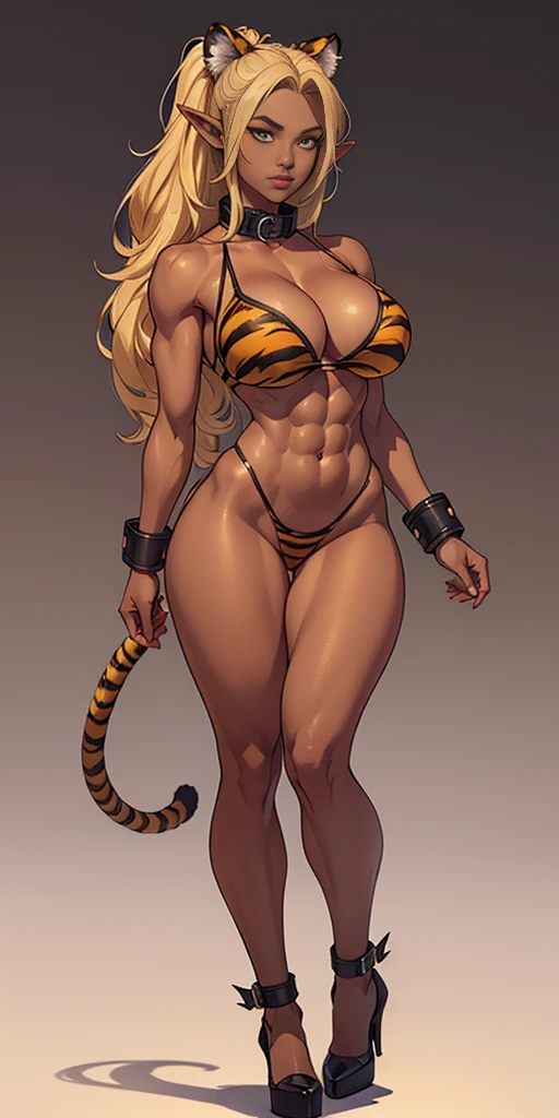 (plain background, masterpiece, best quality, ultra-detailed, best shadow, best rendering: 1.2) (1girl) (8k) (photorealistic:1.4) best quality, ultra high res, highly detailed eyes, cleavage cut out, female long messy hair in yellow bikini with tiger stripes on it, full body tanned skin, high heels, slave neck bell collar, elf female, shackles on arms and legs, navel, six pack abs toned, stomach exposed (black gyaru darkest skin) (pointy ears) (tiger tail) (Eris Boreas Greyrat)