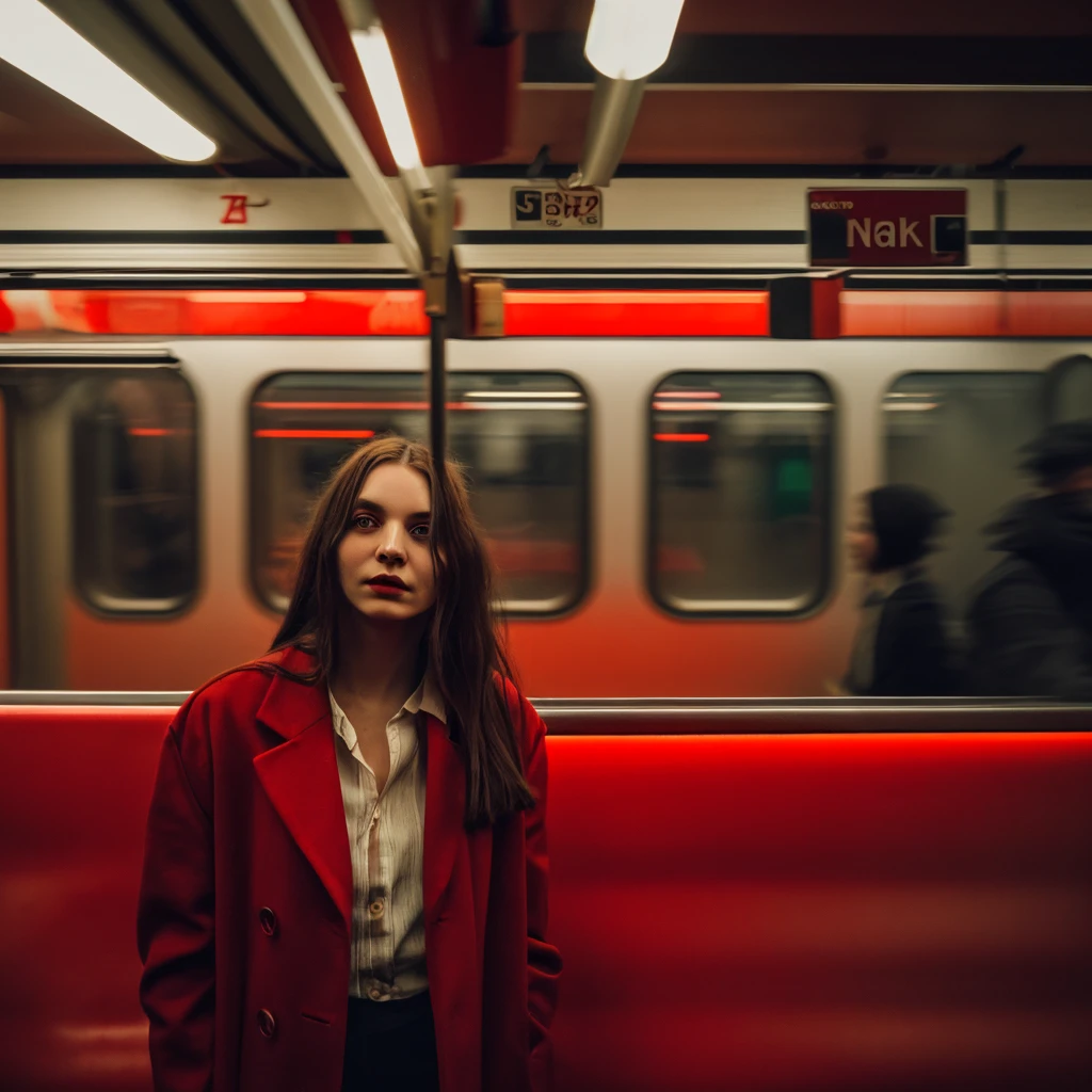woman standing in a subway in a neon lights in a subway car, red and cinematic lighting, cinematic red lighting, cinematic and dramatic red light, high red lights, red lights, red neon lights, by Emma Andijewska, red lighting, atmospheric red lighting, red lighting on their faces, style of suspiria and neon demon, red neon, red light, long exposure