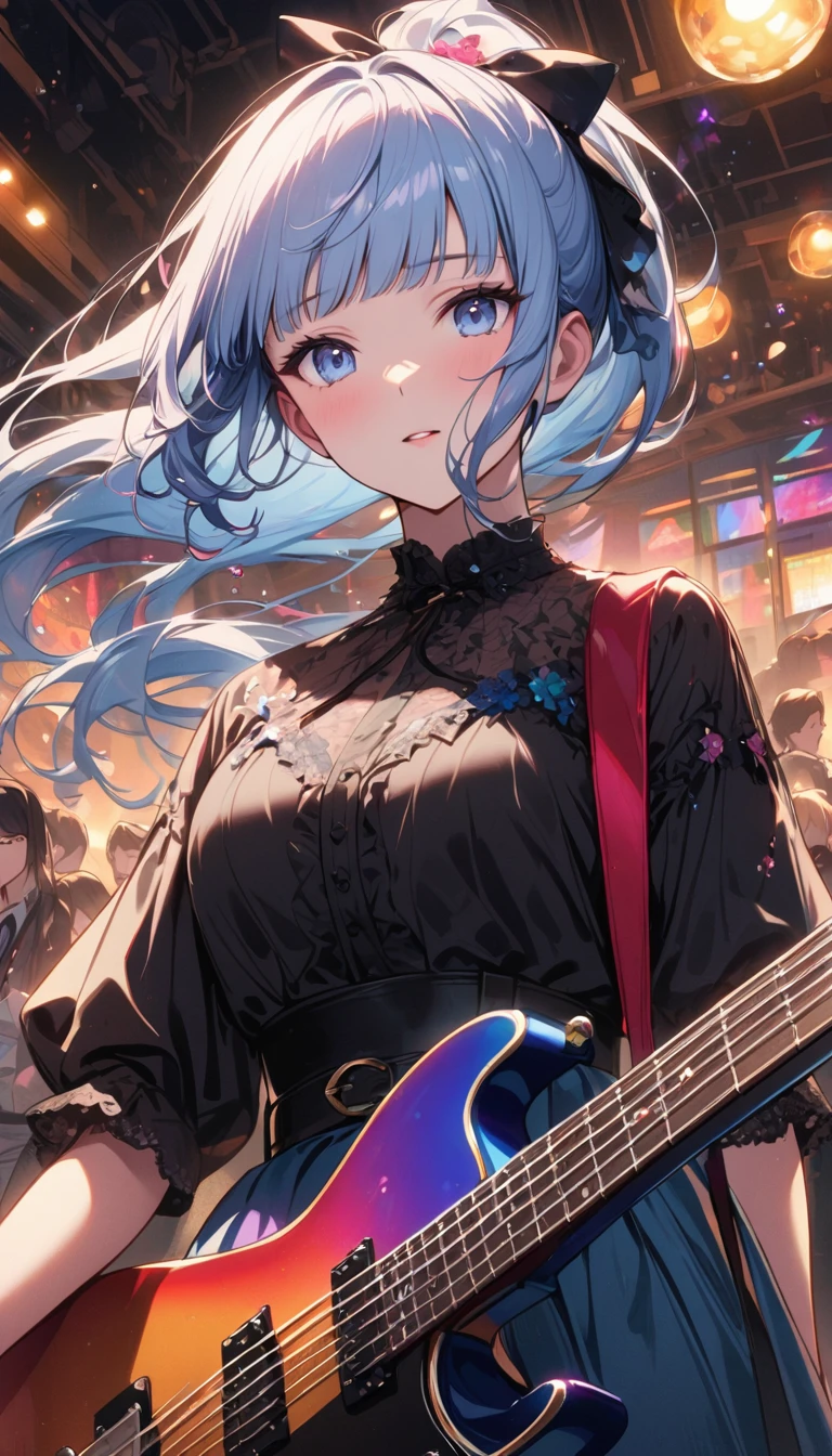 (masterpiece), (best quality), (Super detailed),(illustration), (An idol playing electric guitar on stage), (Fashion Clothing), permanent, Looking at the audience, (Stage Background),Beautiful blue eyes, Beautiful face, floating,(High Saturation),(Colorful splash),Colorful bubbles,(shining), focus on face, Ponytail, Kamisato Ayaka, light blue hair, Bangs, Hair ring, floating花朵, Floating hair, (shining), Optimal lighting, The best shadow,