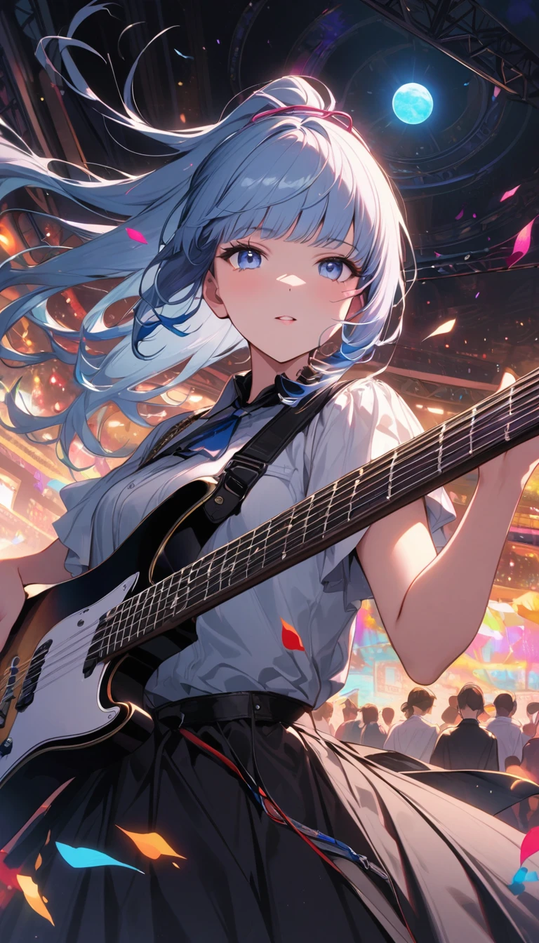 (masterpiece), (best quality), (Super detailed),(illustration), (An idol playing electric guitar on stage), (Fashion Clothing), permanent, Looking at the audience, (Stage Background),Beautiful blue eyes, Beautiful face, floating,(High Saturation),(Colorful splash),Colorful bubbles,(shining), focus on face, Ponytail, Kamisato Ayaka, light blue hair, Bangs, Hair ring, floating花朵, Floating hair, (shining), Optimal lighting, The best shadow,