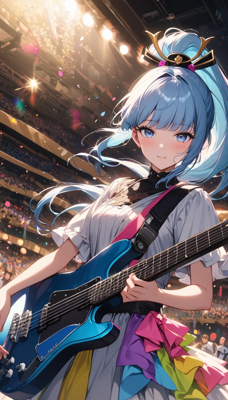 (masterpiece), (best quality), (Super detailed),(illustration), (An idol playing electric guitar on stage), (Fashion Clothing), permanent, Looking at the audience, (Stage Background),Beautiful blue eyes, Beautiful face, floating,(High Saturation),(Colorful splash),Colorful bubbles,(shining), focus on face, Ponytail, Kamisato Ayaka, light blue hair, Bangs, Hair ring, floating花朵, Floating hair, (shining), Optimal lighting, The best shadow,