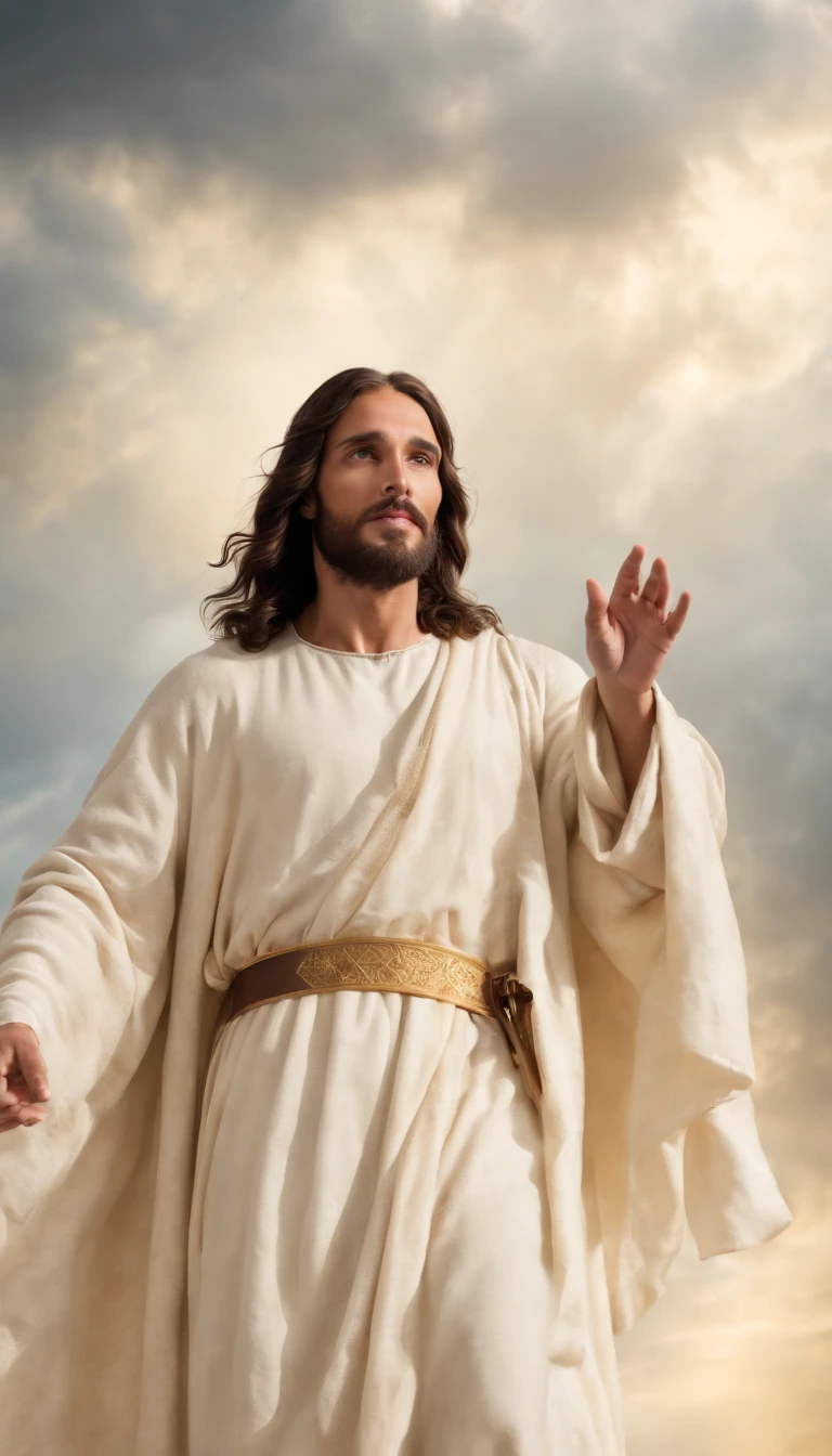 Jesus Cristo gigante sobre as nuvens passando por Deus e seus anjos com armaduras Angelicais