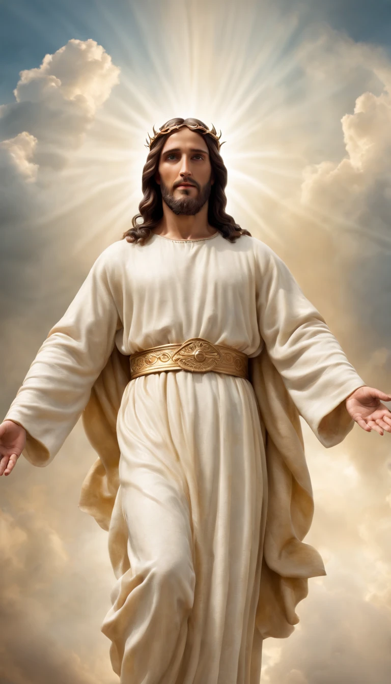 Jesus Cristo gigante sobre as nuvens passando por Deus e seus anjos com armaduras Angelicais 