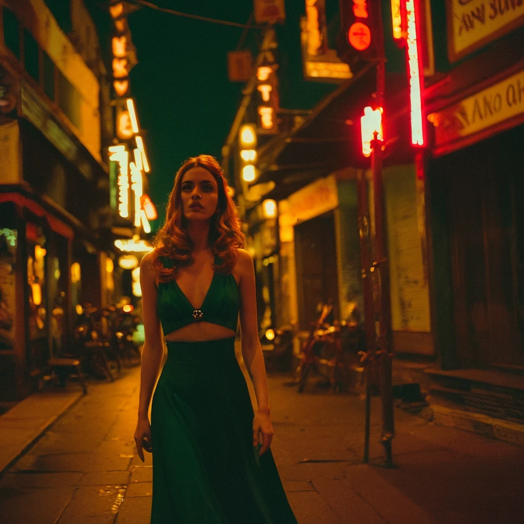 arafed image of a woman walking down a street at night, inspired by Nan Goldin, by Alexander Mann, blade runner vibes, davide sorrenti, inspired by Elsa Bleda, by Nick Fudge, in style of nan goldin, by Matija Jama, by casey baugh, ryan mcginley, by Harvey Pratt, blade runner feel, by Steven Belledin