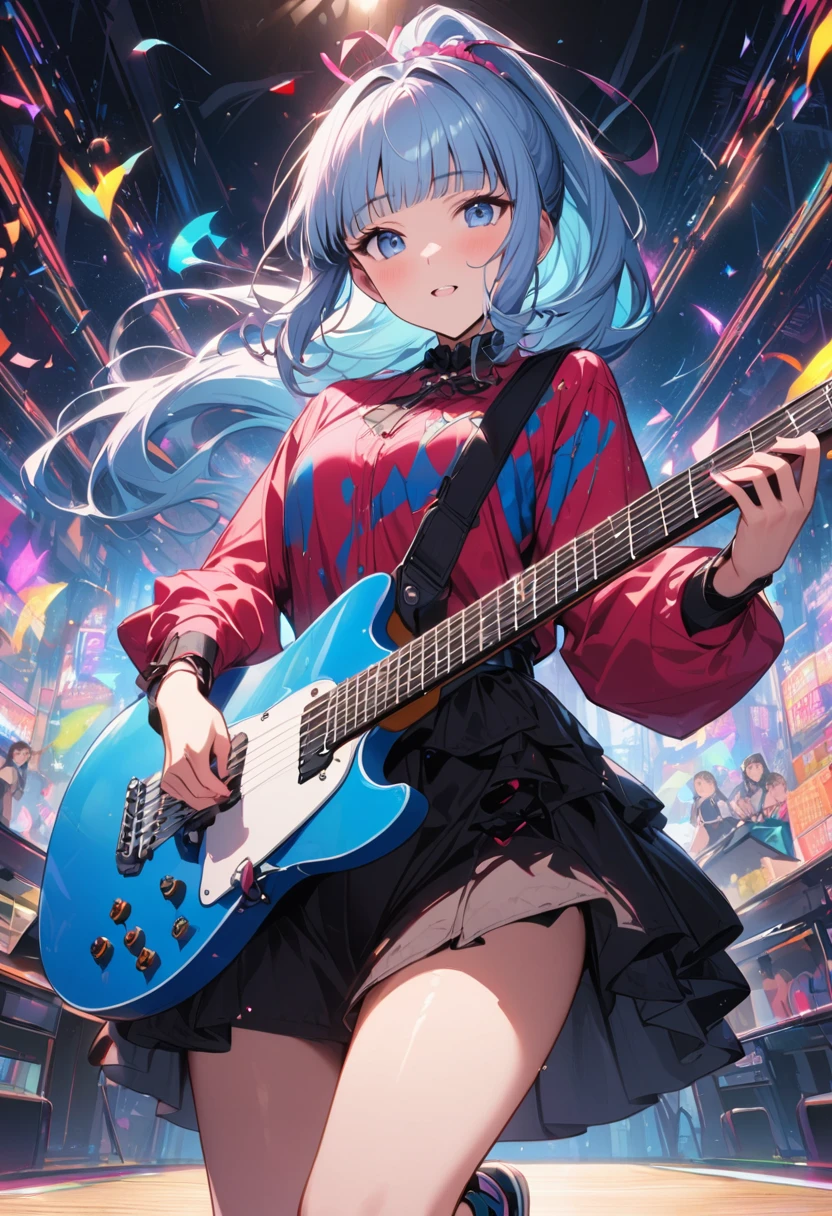 (masterpiece), (best quality), (Super detailed),(illustration), (An idol playing electric guitar on stage), (Fashion Clothing), permanent, Looking at the audience, (Stage Background),Beautiful blue eyes, Beautiful face, floating,(High Saturation),(Colorful splash),Colorful bubbles,(shining), focus on face, Ponytail, Kamisato Ayaka, light blue hair, Bangs, Hair ring, floating花朵, Floating hair, (shining), Optimal lighting, The best shadow,