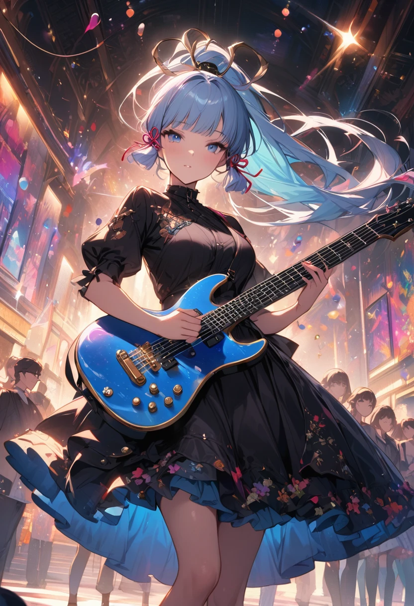 (masterpiece), (best quality), (Super detailed),(illustration), (An idol playing electric guitar on stage), (Fashion Clothing), permanent, Looking at the audience, (Stage Background),Beautiful blue eyes, Beautiful face, floating,(High Saturation),(Colorful splash),Colorful bubbles,(shining), focus on face, Ponytail, Kamisato Ayaka, light blue hair, Bangs, Hair ring, floating花朵, Floating hair, (shining), Optimal lighting, The best shadow,