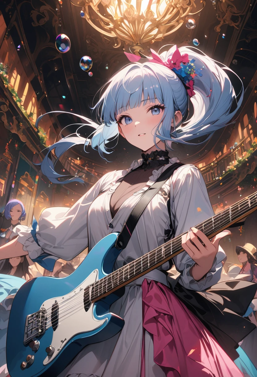 (masterpiece), (best quality), (Super detailed),(illustration), (An idol playing electric guitar on stage), (Fashion Clothing), permanent, Looking at the audience, (Stage Background),Beautiful blue eyes, Beautiful face, floating,(High Saturation),(Colorful splash),Colorful bubbles,(shining), focus on face, Ponytail, Kamisato Ayaka, light blue hair, Bangs, Hair ring, floating花朵, Floating hair, (shining), Optimal lighting, The best shadow,