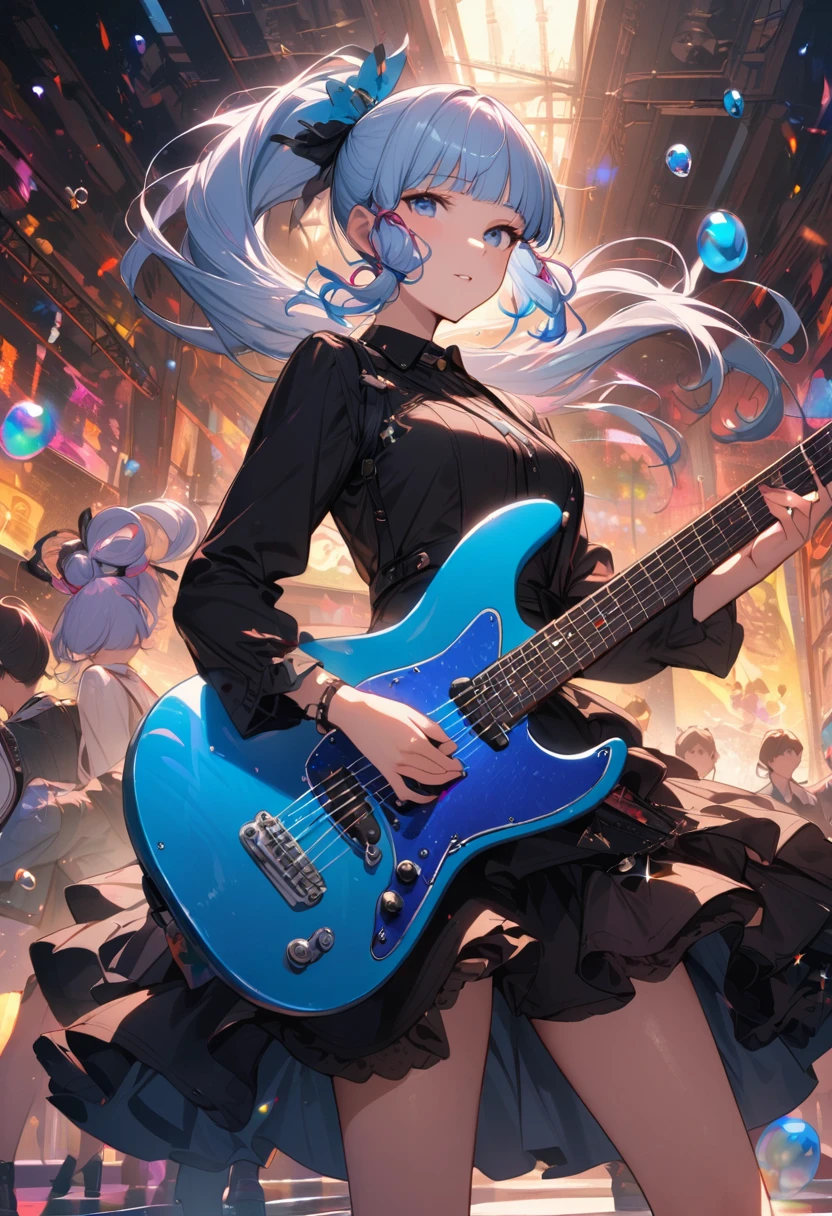 (masterpiece), (best quality), (Super detailed),(illustration), (An idol playing electric guitar on stage), (Fashion Clothing), permanent, Looking at the audience, (Stage Background),Beautiful blue eyes, Beautiful face, floating,(High Saturation),(Colorful splash),Colorful bubbles,(shining), focus on face, Ponytail, Kamisato Ayaka, light blue hair, Bangs, Hair ring, floating花朵, Floating hair, (shining), Optimal lighting, The best shadow,