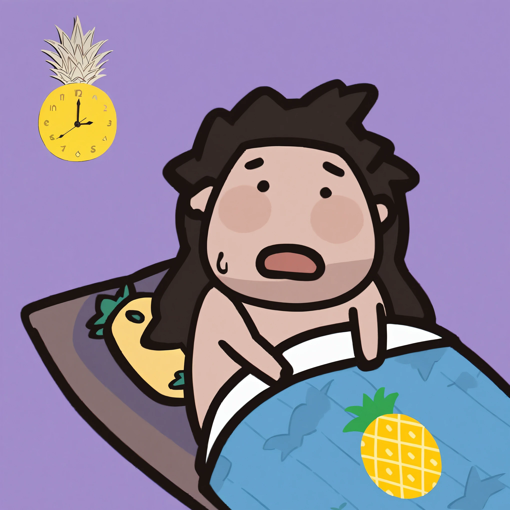 4k,(masterpiece),(best quality),1boy,simple background, solo, purple background, pillow, shadow, black hair, blanket, lying, under covers, on back, short hair,Pineapple clock hanging on the wall,pineapple quilt,\(qline\)