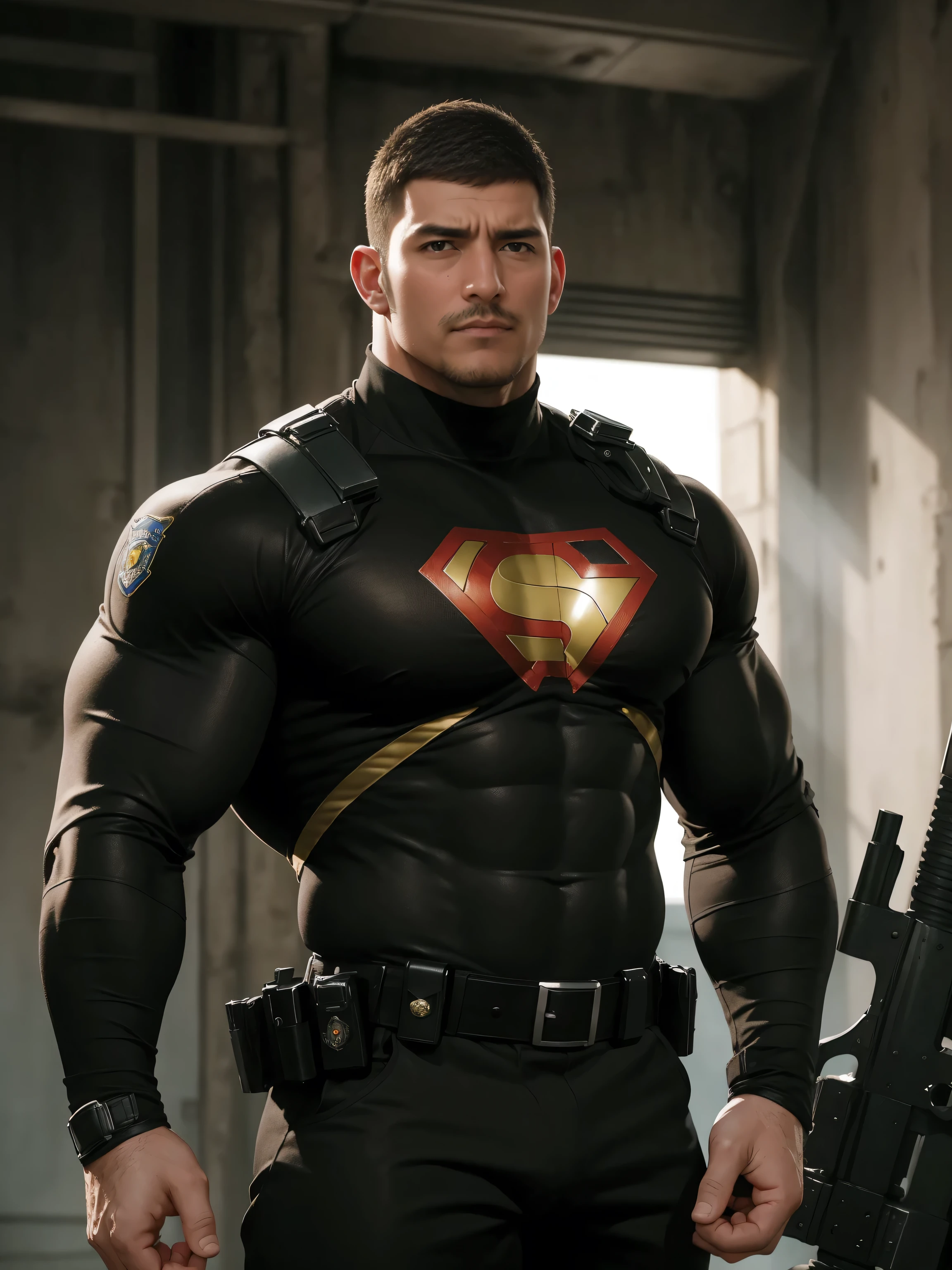 One Tall giant muscular police officer,  On the outdoor street, Wear a brown superhero bodysuit with long sleeves, The expression is arrogant, Lift your chin, Messy hair, Thick thighs, Brown Superhero Bodysuit with Turtleneck and Long Sleeves, very tight, Regular symmetrical pattern, Highlight muscles, Police uniform pants, character concept（Resident Evil - Chris Redfield, Chris Redfield）A proud expression, Deep and charming eyes, Heroic male pose, tall Burly, muscular！muscular thighs, tough guy, perfect facial features, High, Burly, Heqiang, Super polished and cool, High Resolution Committee, Charismatic, The sun is blazing, dazzling