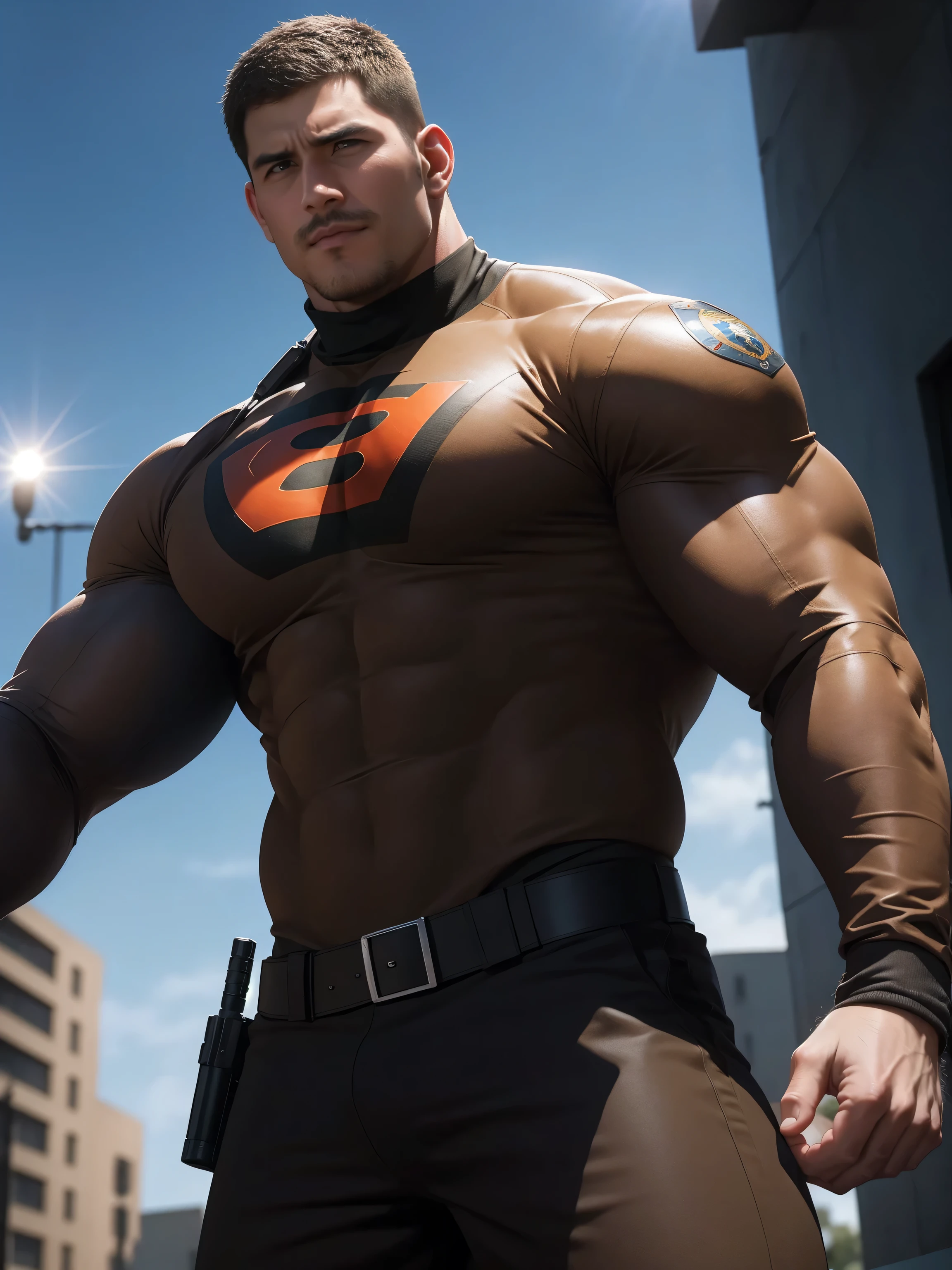 One Tall giant muscular police officer,  On the outdoor street, Wear a brown superhero bodysuit with long sleeves, The expression is arrogant, Lift your chin, Messy hair, Thick thighs, Brown Superhero Bodysuit with Turtleneck and Long Sleeves, very tight, Regular symmetrical pattern, Highlight muscles, Police uniform pants, character concept（Resident Evil - Chris Redfield, Chris Redfield）A proud expression, Deep and charming eyes, Heroic male pose, tall Burly, muscular！muscular thighs, tough guy, perfect facial features, High, Burly, Heqiang, Super polished and cool, High Resolution Committee, Charismatic, The sun is blazing, dazzling