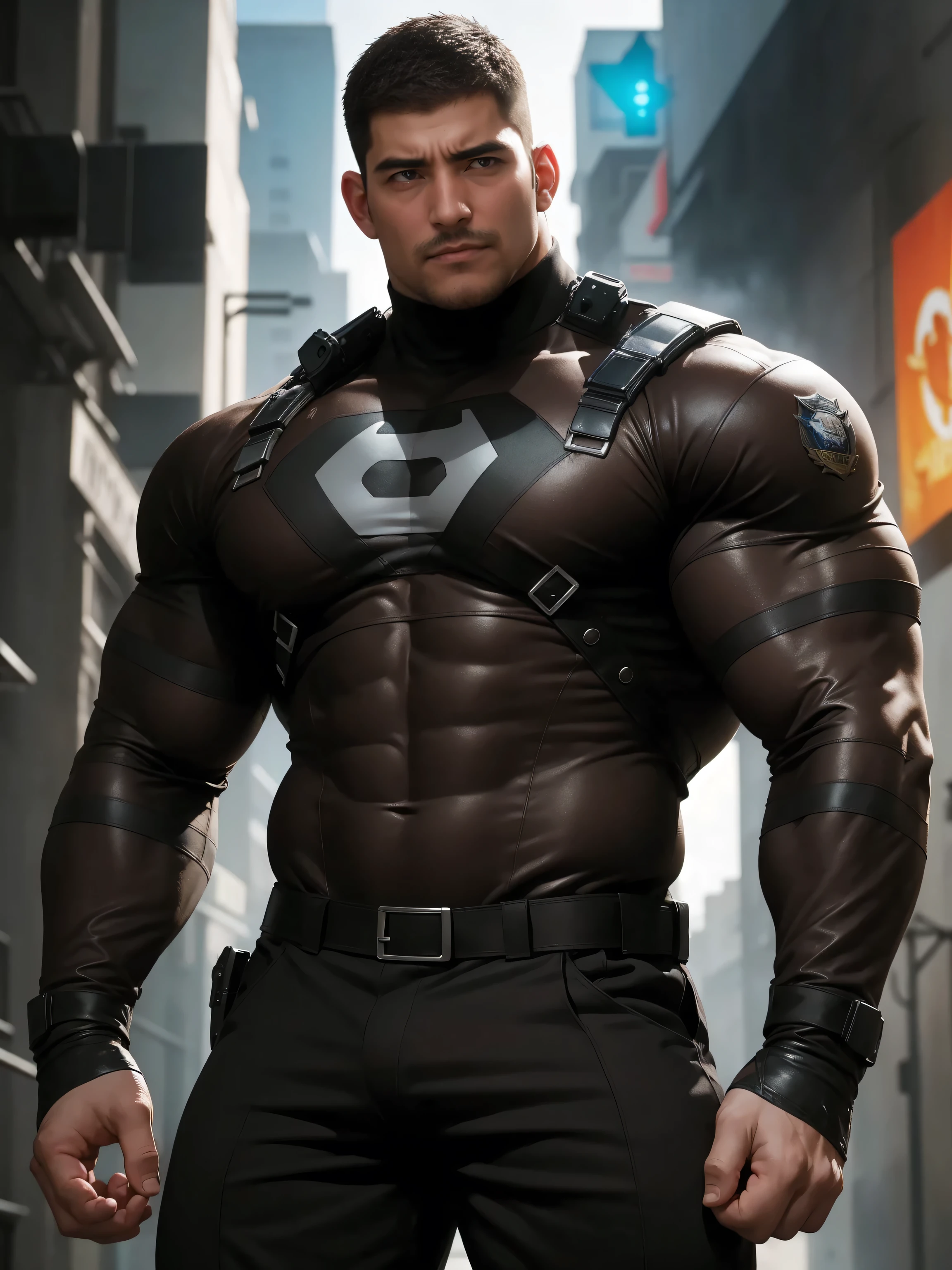 One Tall giant muscular police officer,  On the outdoor street, Wear a brown superhero bodysuit with long sleeves, The expression is arrogant, Lift your chin, Messy hair, Thick thighs, Brown Superhero Bodysuit with Turtleneck and Long Sleeves, very tight, Regular symmetrical pattern, Highlight muscles, Police uniform pants, character concept（Resident Evil - Chris Redfield, Chris Redfield）A proud expression, Deep and charming eyes, Heroic male pose, tall Burly, muscular！muscular thighs, tough guy, perfect facial features, High, Burly, Heqiang, Super polished and cool, High Resolution Committee, Charismatic, The sun is blazing, dazzling