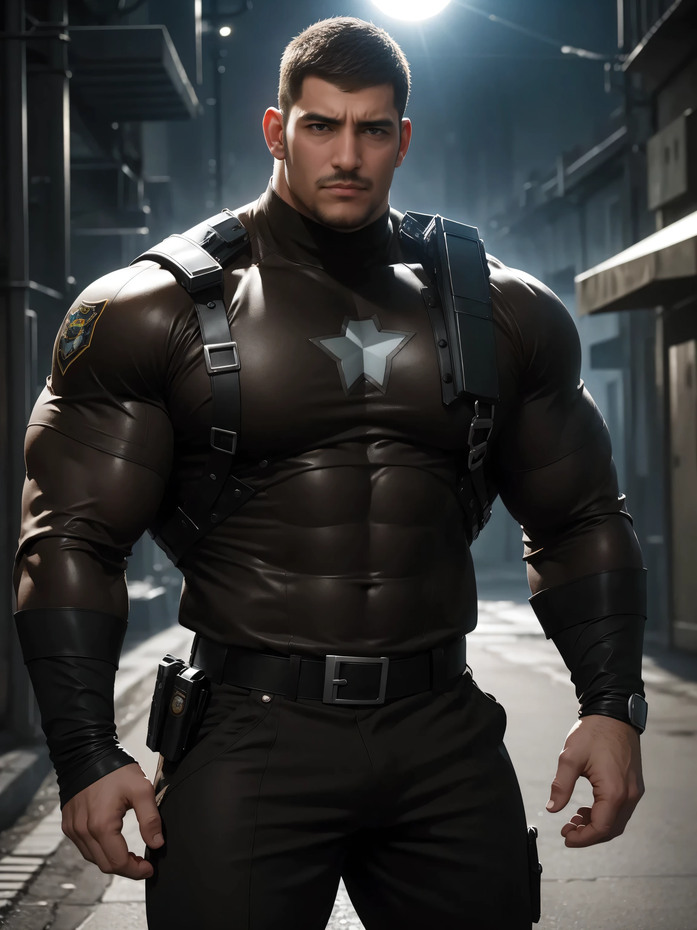 One Tall giant muscular police officer,  On the outdoor street, Wear a brown superhero bodysuit with long sleeves, The expression is arrogant, Lift your chin, Messy hair, Thick thighs, Brown Superhero Bodysuit with Turtleneck and Long Sleeves, very tight, Regular symmetrical pattern, Highlight muscles, Police uniform pants, character concept（Resident Evil - Chris Redfield, Chris Redfield）A proud expression, Deep and charming eyes, Heroic male pose, tall Burly, muscular！muscular thighs, tough guy, perfect facial features, High, Burly, Heqiang, Super polished and cool, High Resolution Committee, Charismatic, The sun is blazing, dazzling