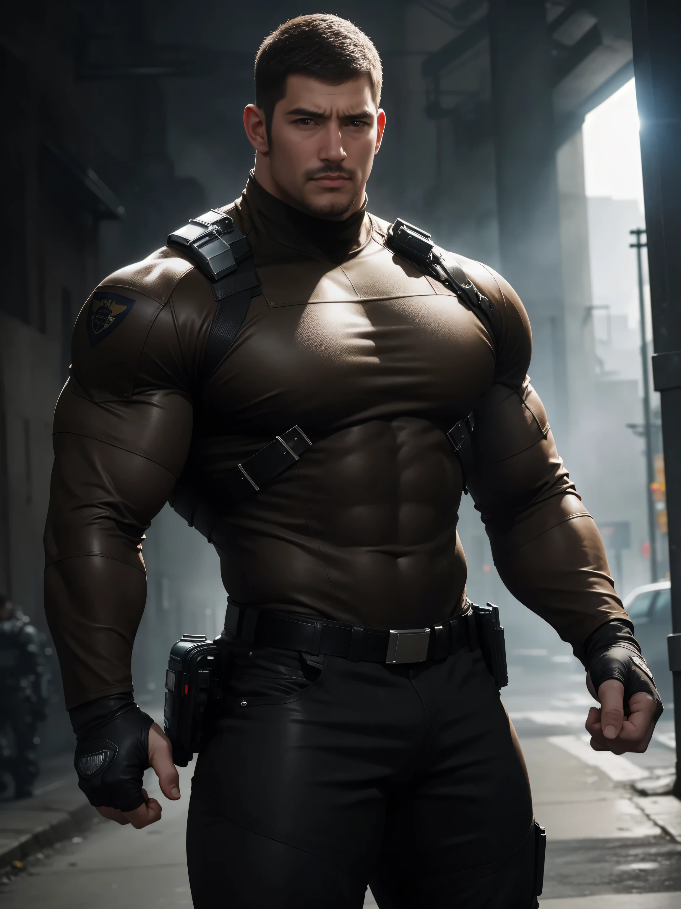 One Tall giant muscular police officer,  On the outdoor streets in cyber style, Wear a brown superhero bodysuit with long sleeves, The expression is arrogant, Lift your chin, Messy hair, Thick thighs, Brown Superhero Bodysuit with Turtleneck and Long Sleeves, very tight, Regular symmetrical pattern, Highlight muscles, Police uniform pants, character concept（Resident Evil - Chris Redfield, Chris Redfield）A proud expression, Deep and charming eyes, Heroic male pose, tall Burly, muscular！muscular thighs, tough guy, perfect facial features, High, Burly, Heqiang, Super polished and cool, High Resolution Committee, Charismatic, The sun is blazing, dazzling