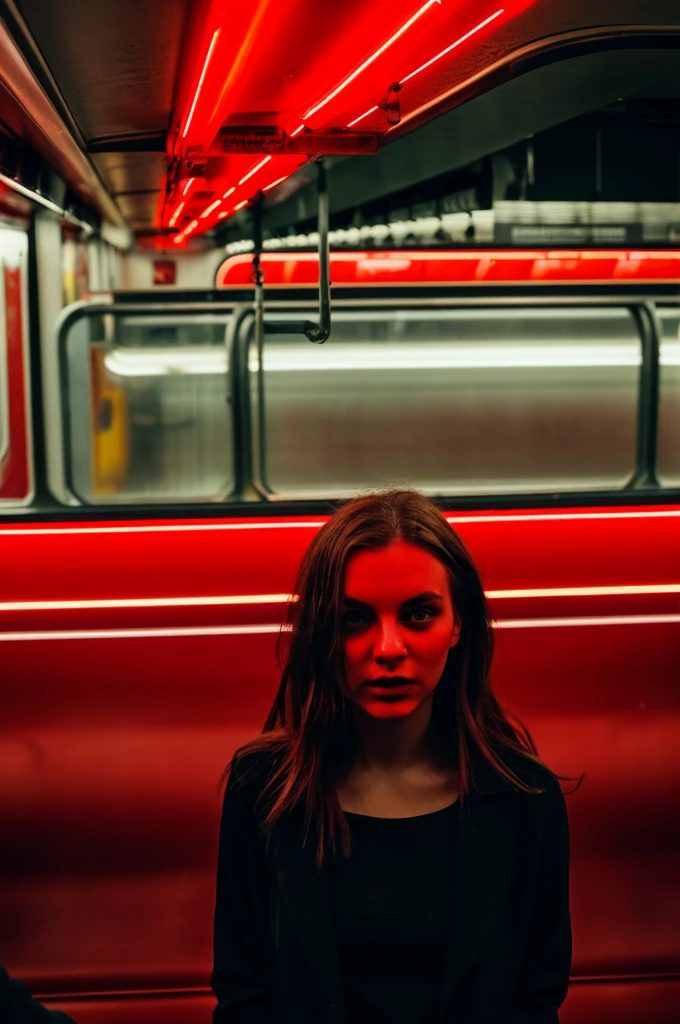 woman standing in a subway in a neon lights in a subway car, red and cinematic lighting, cinematic red lighting, cinematic and dramatic red light, high red lights, red lights, red neon lights, by Emma Andijewska, red lighting, atmospheric red lighting, red lighting on their faces, style of suspiria and neon demon, red neon, red light, long exposure
