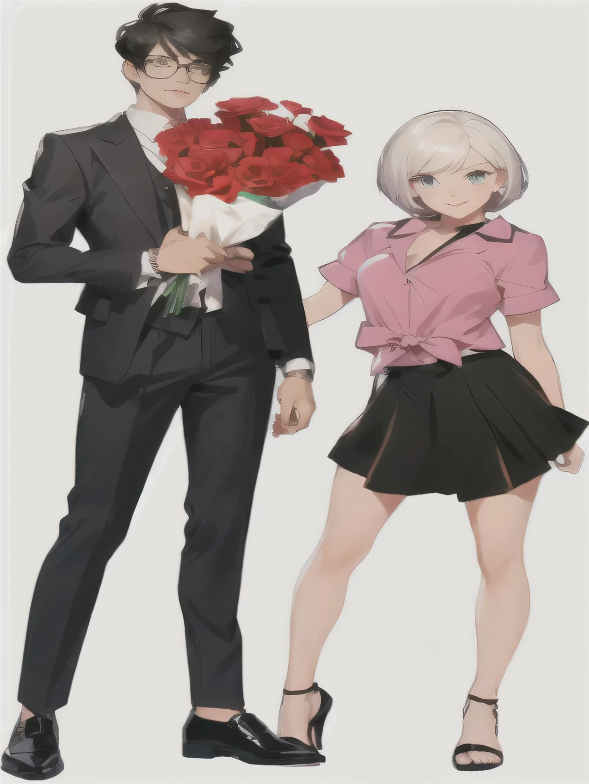 Short hair glasses handsome guy,Black suit,Black leather shoes, Male hand holding a bouquet of flowers,Short hair girl standing,Pink shirt,Black JK skirt