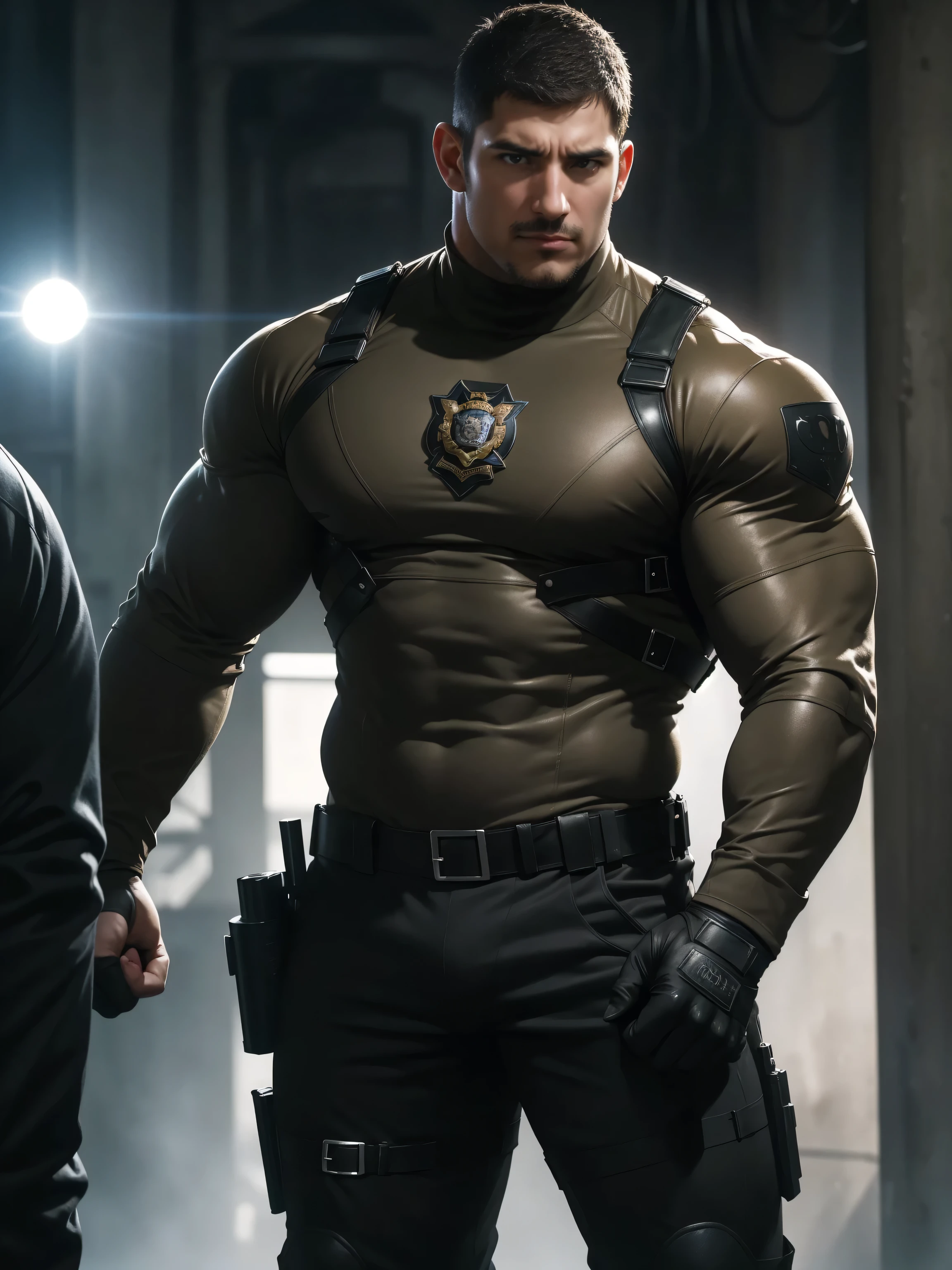 One Tall giant muscular police officer,  On the outdoor streets in cyber style, Wear a brown superhero bodysuit with long sleeves, The expression is arrogant, Lift your chin, Messy hair, Thick thighs, Brown Superhero Bodysuit with Turtleneck and Long Sleeves, very tight, Regular symmetrical pattern, Highlight muscles, Police uniform pants, character concept（Resident Evil - Chris Redfield, Chris Redfield）A proud expression, Deep and charming eyes, Heroic male pose, tall Burly, muscular！muscular thighs, tough guy, perfect facial features, High, Burly, Heqiang, Super polished and cool, High Resolution Committee, Charismatic, The sun is blazing, dazzling