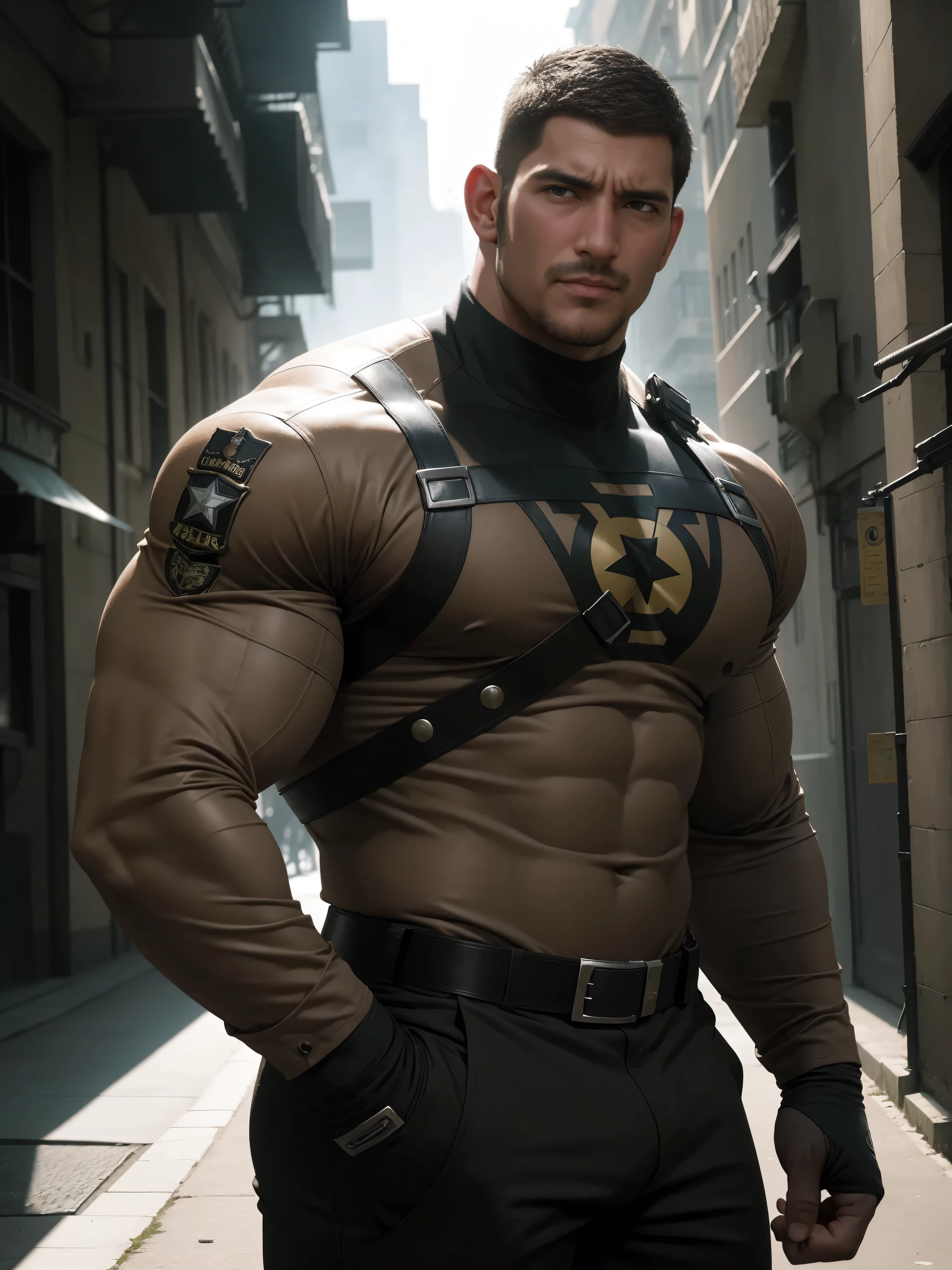 One Tall giant muscular police officer,  On the old-style outdoor streets, Wear a brown superhero bodysuit with long sleeves, The expression is arrogant, Lift your chin, Messy hair, Thick thighs, Brown Superhero Bodysuit with Turtleneck and Long Sleeves, very tight, Regular symmetrical pattern, Highlight muscles, Police uniform pants, character concept（Resident Evil - Chris Redfield, Chris Redfield）A proud expression, Deep and charming eyes, Heroic male pose, tall Burly, muscular！muscular thighs, tough guy, perfect facial features, High, Burly, Heqiang, Super polished and cool, High Resolution Committee, Charismatic, The sun is blazing, dazzling