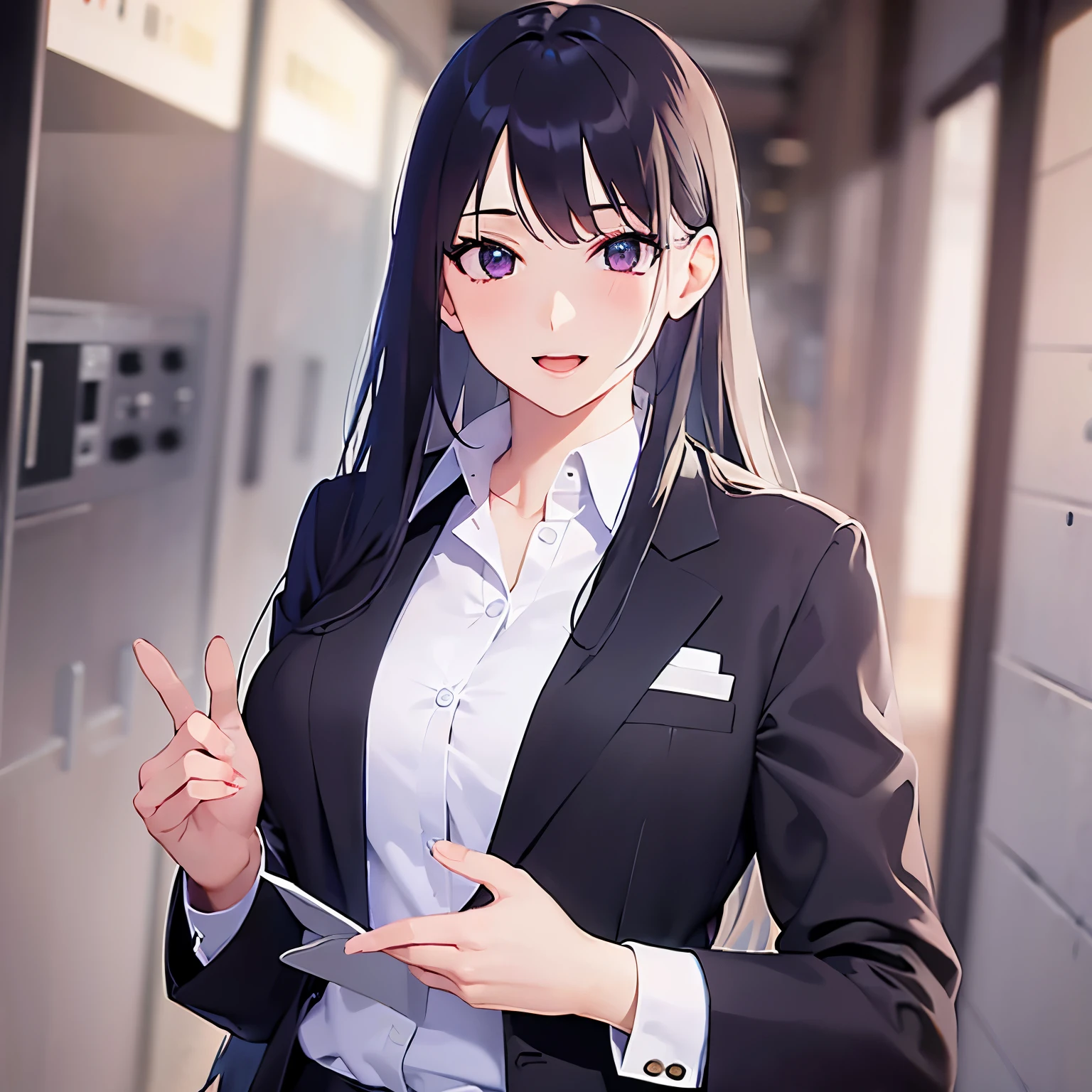 cinematic angle, raising hand, five biologically correct fingers, Upper Body, Realistic, real person, (pale skin: 1.2), RAW photo, photorealistic, shiny skin, shiny hair, straight hair 25-year-old woman) and (medium hair) and (black hair) and (purple eyes) , (business suit: 1.5) and (white collared shirt), smile, open mouth, background is an office interior, alone, standing There is,
