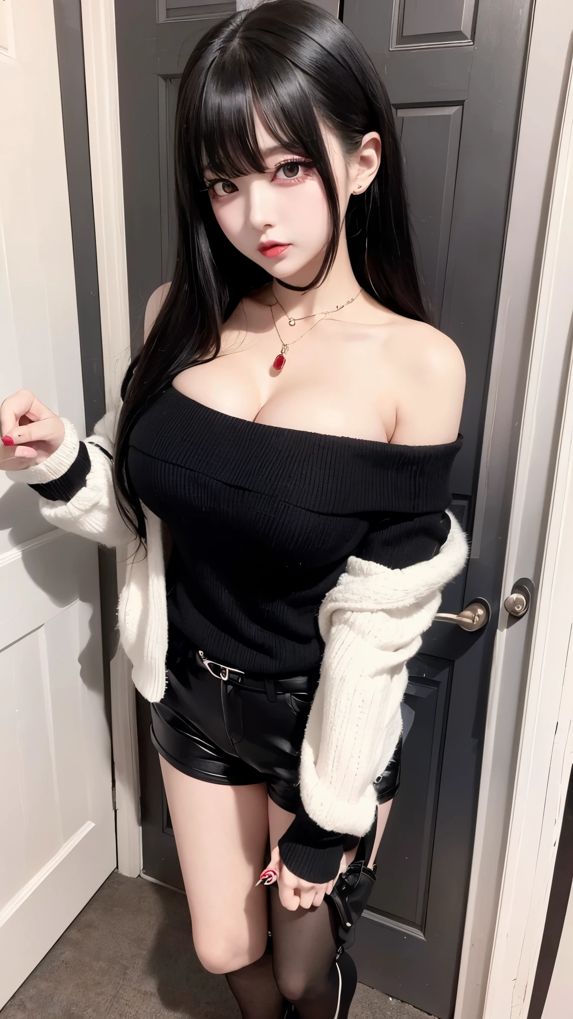 White fluffy oversized sweater、Off the shoulder、(((Big Breasts))),Big cleavage、Long black hair、jirai girl, jirai type make-up、Red eyeliner、(open doorway:1.3)、(Gloss Eye、Glossy lip lipakeup:1.2), (Smiling with an open mouth and a small, ugly face:1.3)
