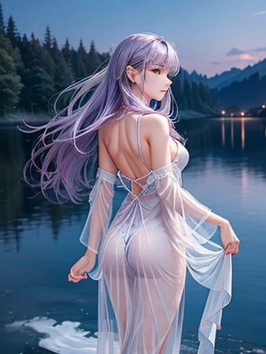 highest quality、Woman with long light purple hair、Slim figure、Sleeveless light blue see-through robe、Back exposure、Standing on a lake in the moonlight