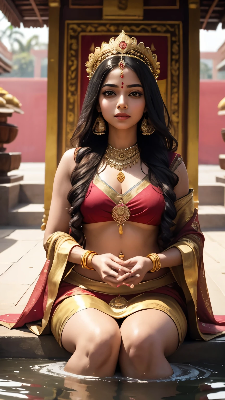 A female with big almond eyes, wheat ish skin type, long thick hair with an indian crown, a thick bindi on her forehead, wearing gold ornaments from top to bottom. Seated on top of a large pink lotus in padmasan, wearing a red saree with golden blouse. The illustrate have four hands with top two hands holding two lotus flowers with lower right hand has a pot full of golden coins flowing continuously and with the left hand blessing her devotees. Just like Goddess Lakshmi.