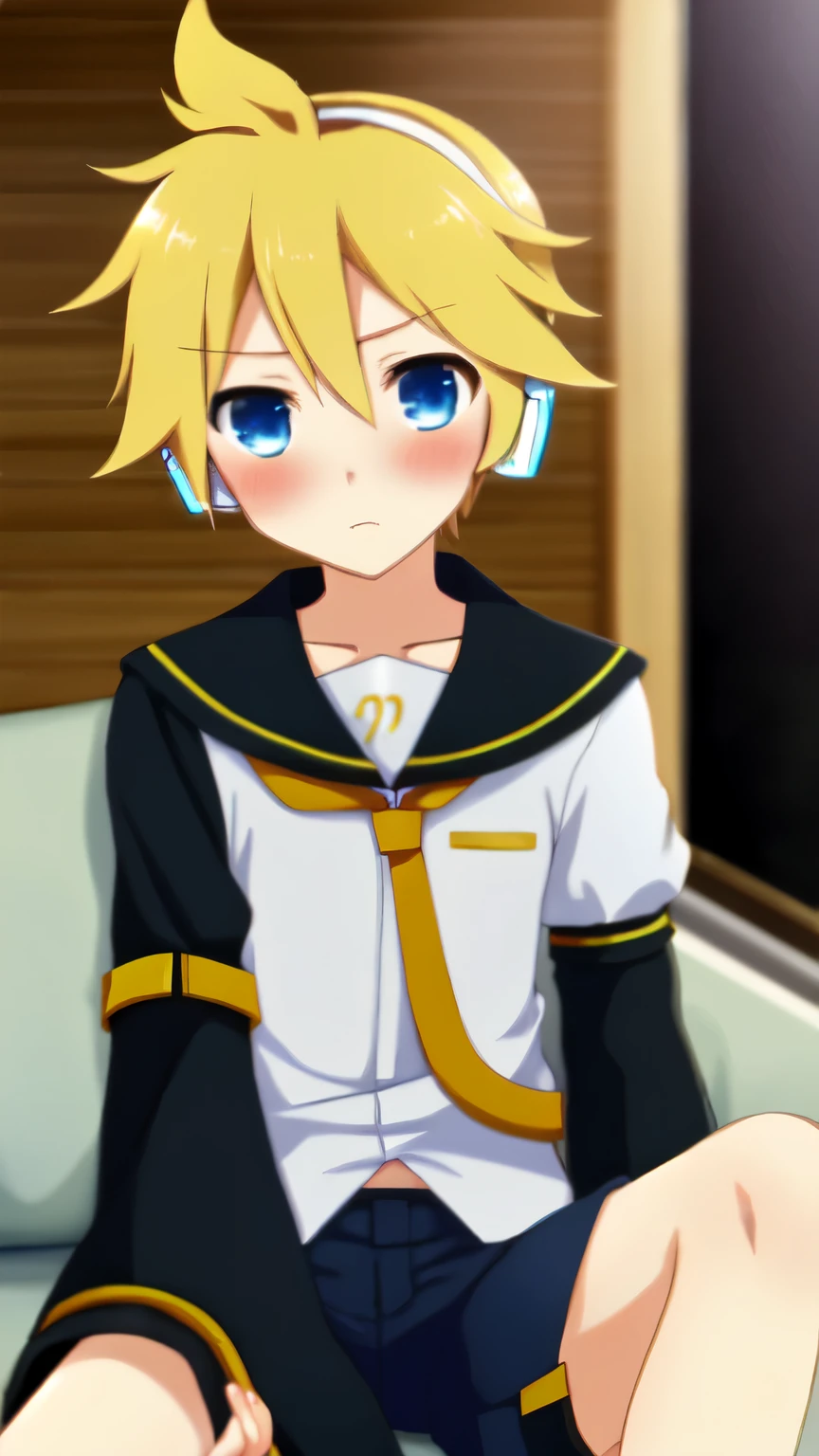 Kagamine len, one boy, blond hair, head set, blue eyes, short hair, short pants, look at me, pure, Vocaloid, cool, Removable sleeves, blush, sitting, stare at me, shy