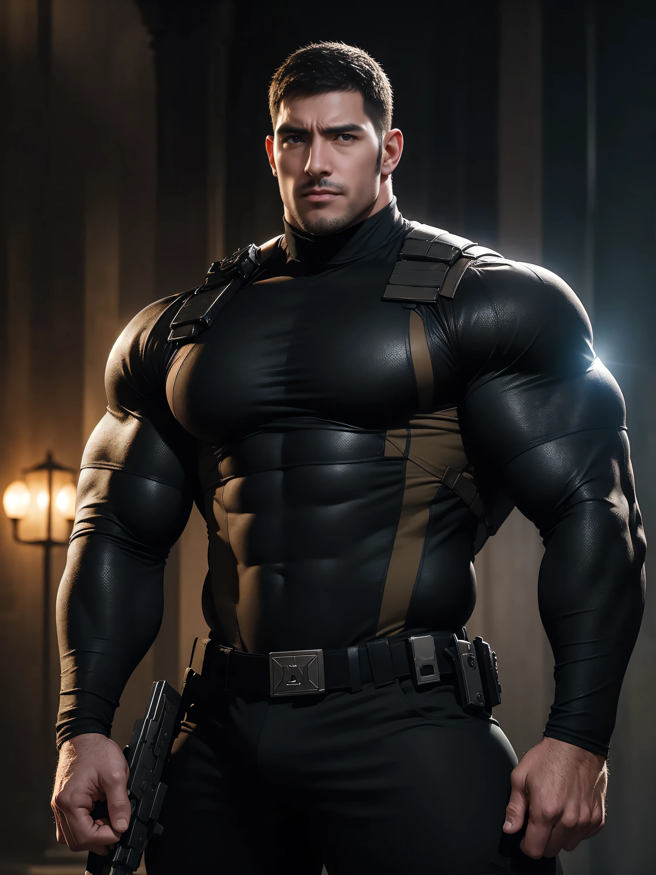 One Tall giant muscular police officer, On the old-style outdoor streets, Wear a brown superhero bodysuit with long sleeves, Elastic spandex material,The expression is arrogant, Lift your chin, Messy hair, Thick thighs, Brown Superhero Bodysuit with Turtleneck and Long Sleeves, very tight, Regular symmetrical pattern, Highlight muscles, Police uniform pants, character concept(Resident Evil - Chris Redfield, Chris Redfield)A proud expression, Deep and charming eyes, Heroic male pose, tall Burly, muscular!muscular thighs, tough guy, perfect facial features, High, Burly, Heqiang, Super polished and cool, High Resolution Committee, Charismatic, The sun is blazing, dazzling