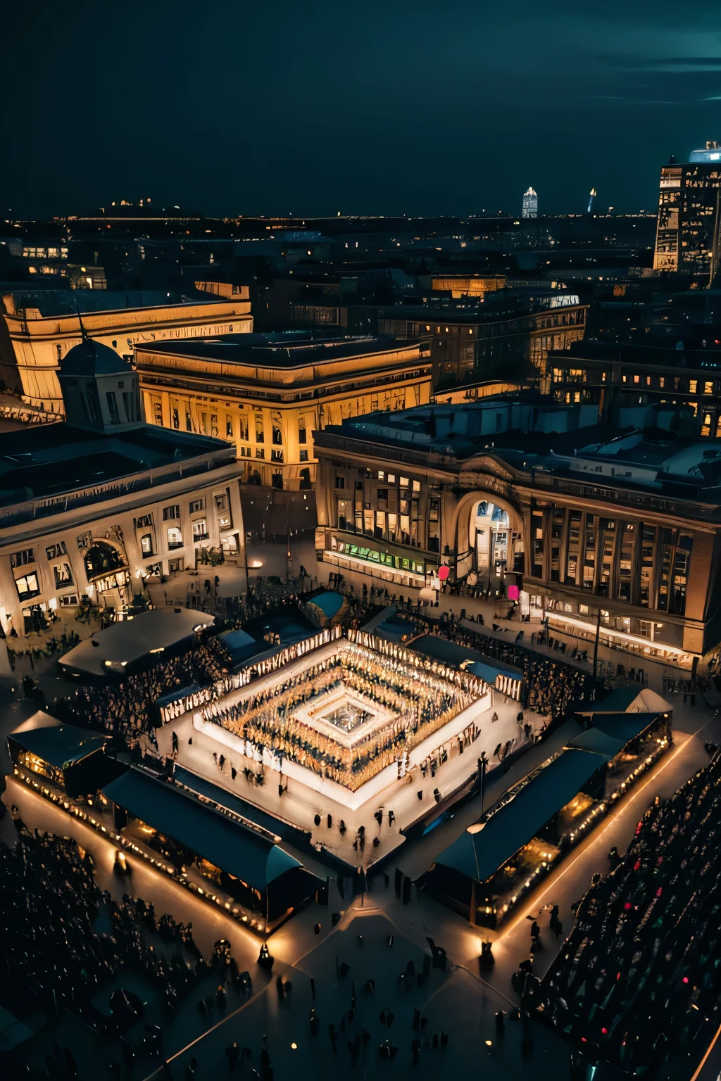 night,In the empty square,There is a performance,Surrounded by people watching,Shoot the scene from an aerial perspective