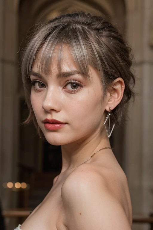 (best quality, masterpiece), 1girl, beautiful girl, brown_eyes, ((hair color [Silver hair], [pixie cut with bangs] hair)), earrings, ruby red lipstick, realistic, narrow waist, charming, colorful makeup, long eyelashes, fair skin, (cute), (detailed face), detailed eyes, detailed iris, photography of a 20yo woman, perfect face, in a Gothic cathedral