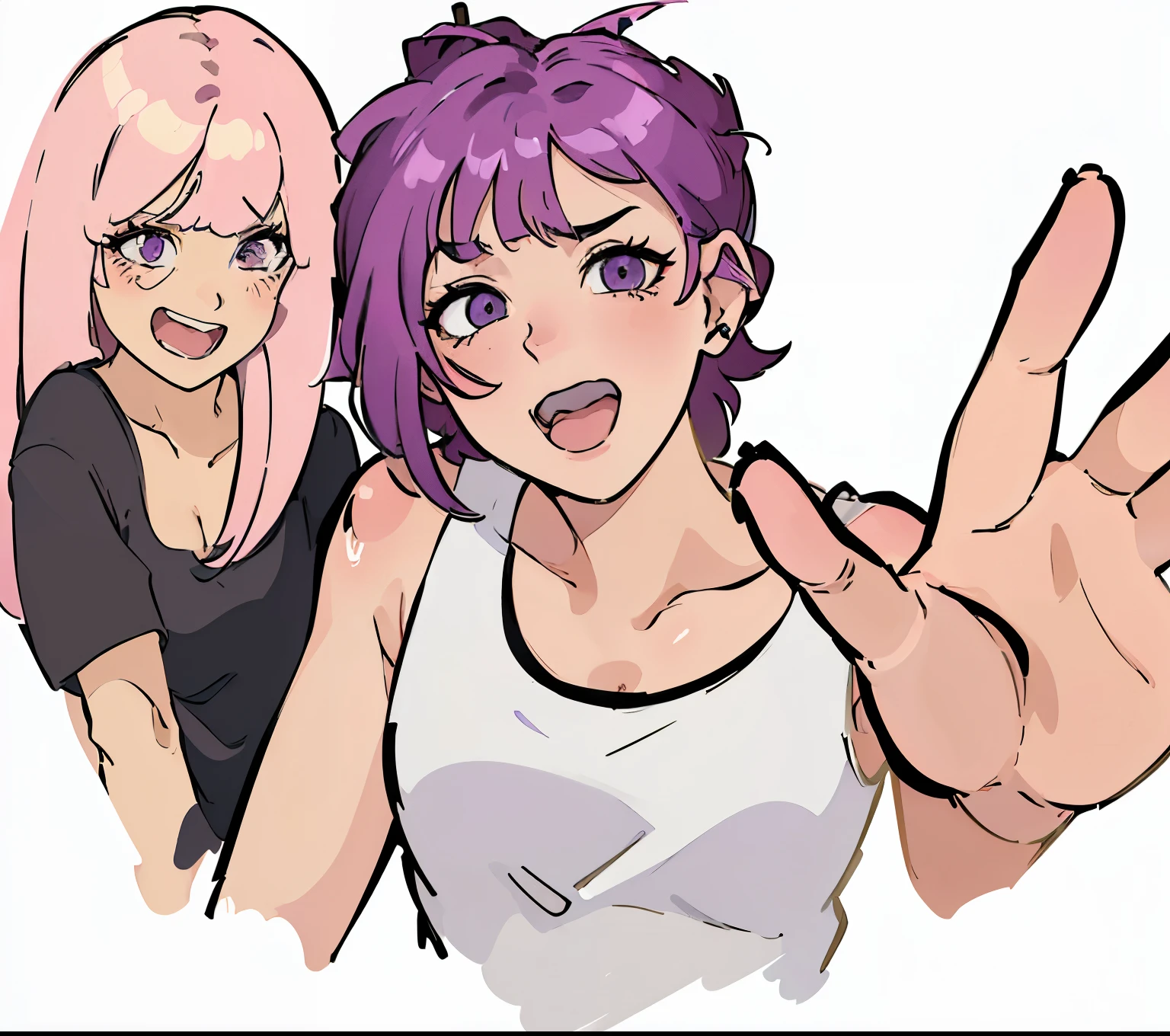 Cartoon of a woman with purple hair and a man with pink hair, Anime style, Anime style, 非常Anime style, 现代Anime style, very 现代Anime style, 仅限Anime style, Threatening Posture, Comic Style, 80s anime art style, ig 工作室Anime style, Use your index finger, 90 年代Anime style