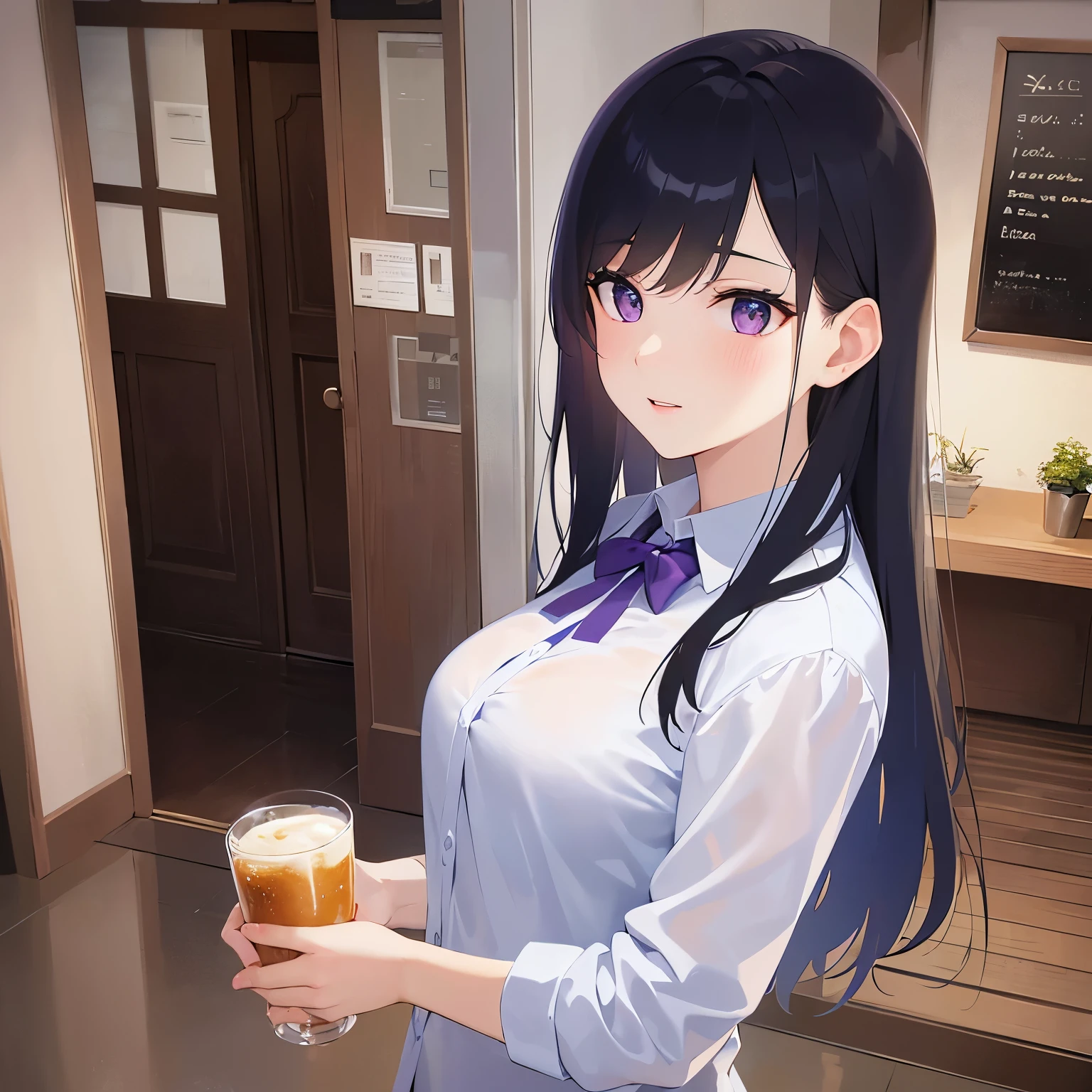 side angle, (looking away:1.5), holding a beer、Upper Body, Realistic, real person, (pale skin: 1.2), RAW photo, photorealistic, shiny skin, shiny hair、(Bangs)25 year old woman with straight hair) and (medium hair) and (black hair) and (purple eyes) , (White collared shirt), smile, open mouth, The background is the interior of a restaurant at night.、alone、Are standing、