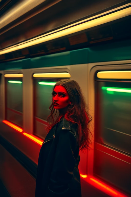 woman standing in a subway in a neon lights in a subway car, neon and cinematic lighting, cinematic neon lighting, cinematic and dramatic red light, high red lights, red lights, neon lights, by Emma Andijewska, neon lighting, atmospheric neon lighting, neon lighting on their faces, style of suspiria and neon demon, neon light, long exposure
